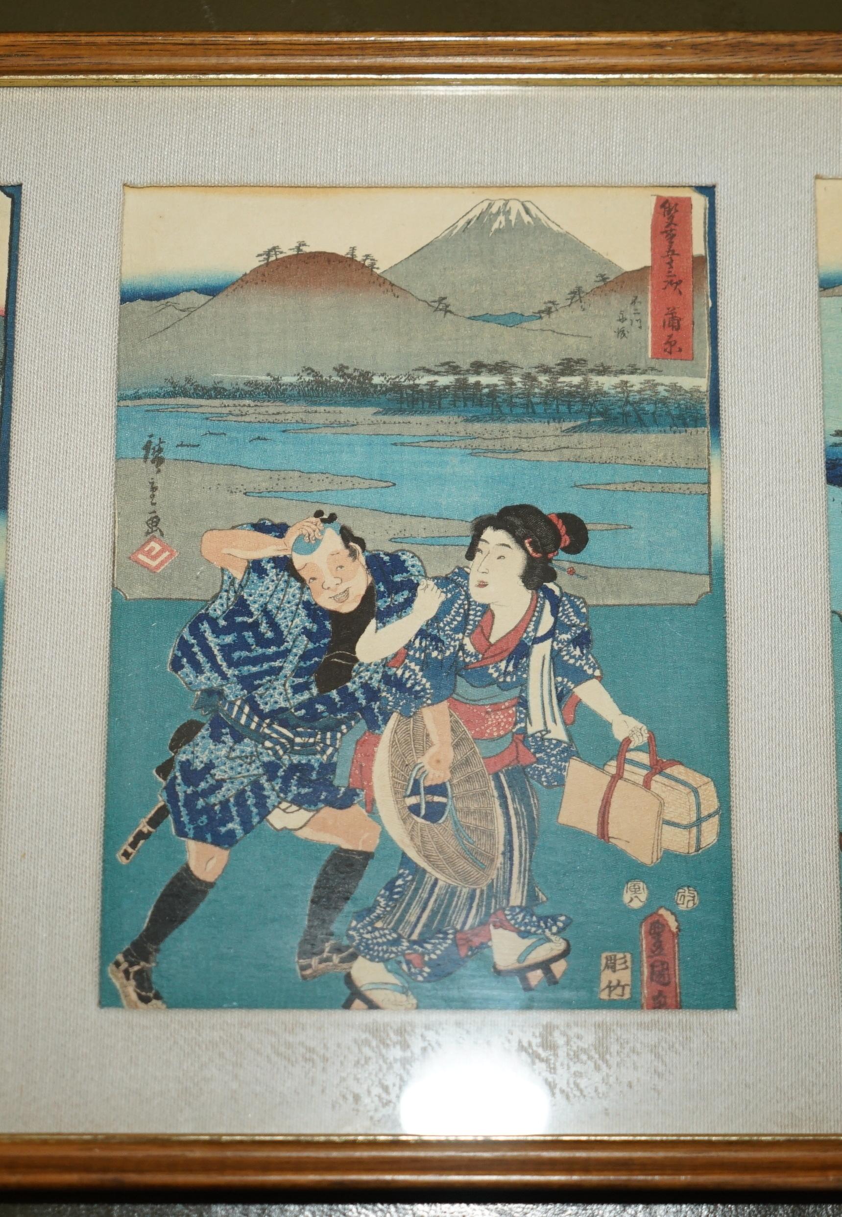Japanese SiX FINE JAPANESE SILK BLOCK PRINT PICTURES AFTER UTAGAWA HIROSHIGE 1779-1858 For Sale