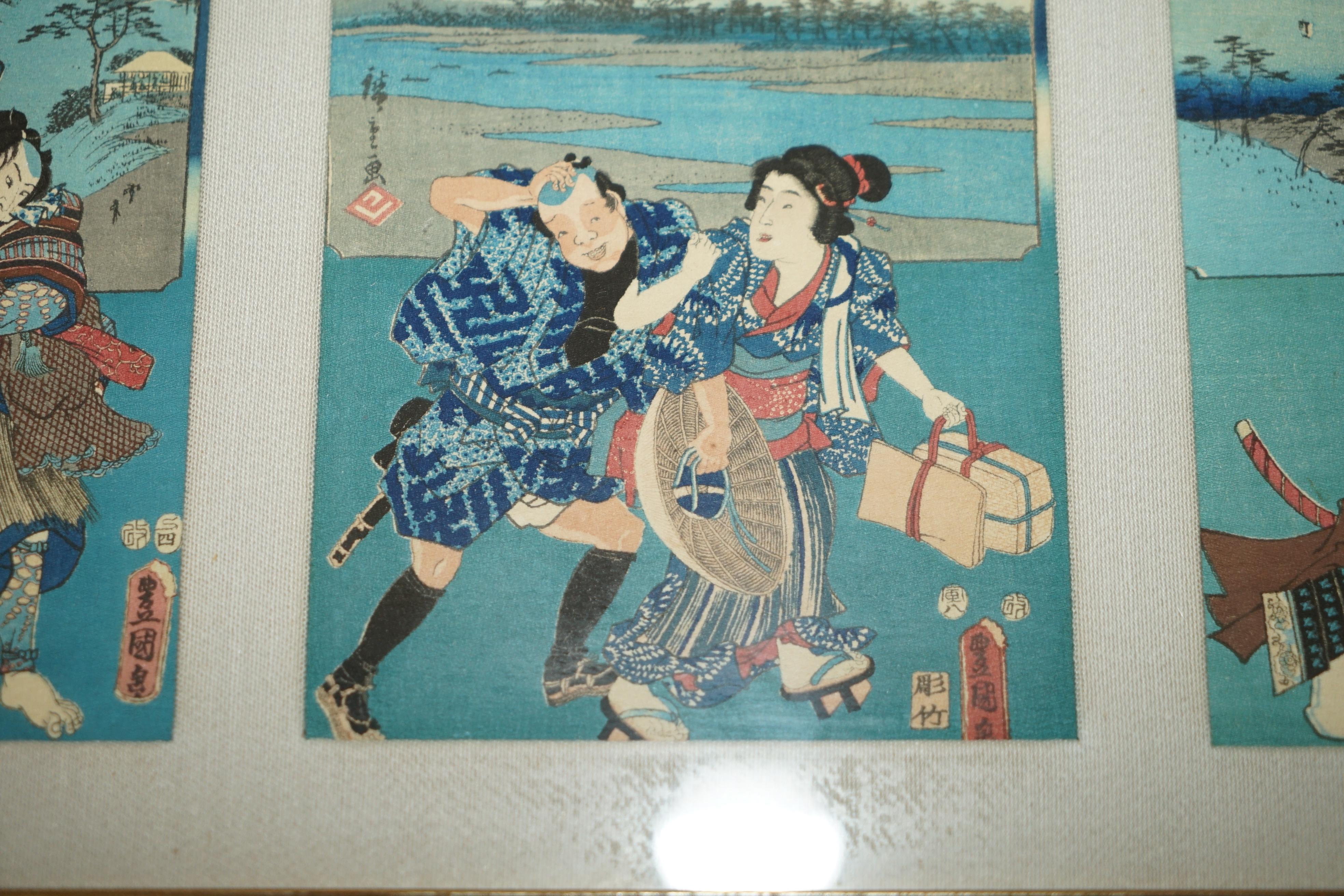 19th Century SiX FINE JAPANESE SILK BLOCK PRINT PICTURES AFTER UTAGAWA HIROSHIGE 1779-1858 For Sale