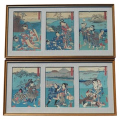 SiX FINE JAPANESE SILK BLOCK PRINT PICTURES AFTER UTAGAWA HIROSHIGE 1779-1858