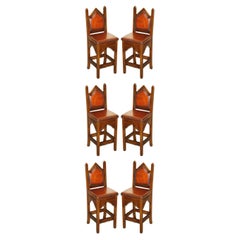 SIX FINE RESTORED BROWN LEATHER GOTHIC REVIVAL STEEPLE BACK KiTCHEN BAR STOOLS 6