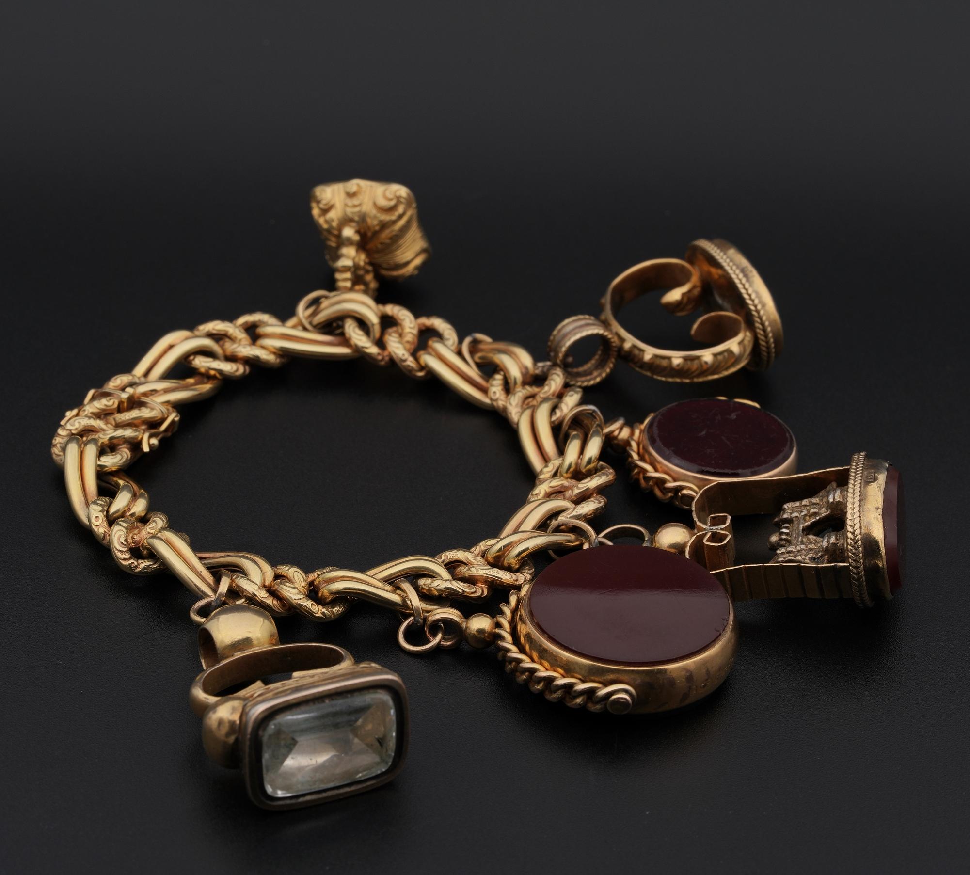 Edwardian Six Fobs Charm Bracelet 9KT/14 KT Gold For Sale