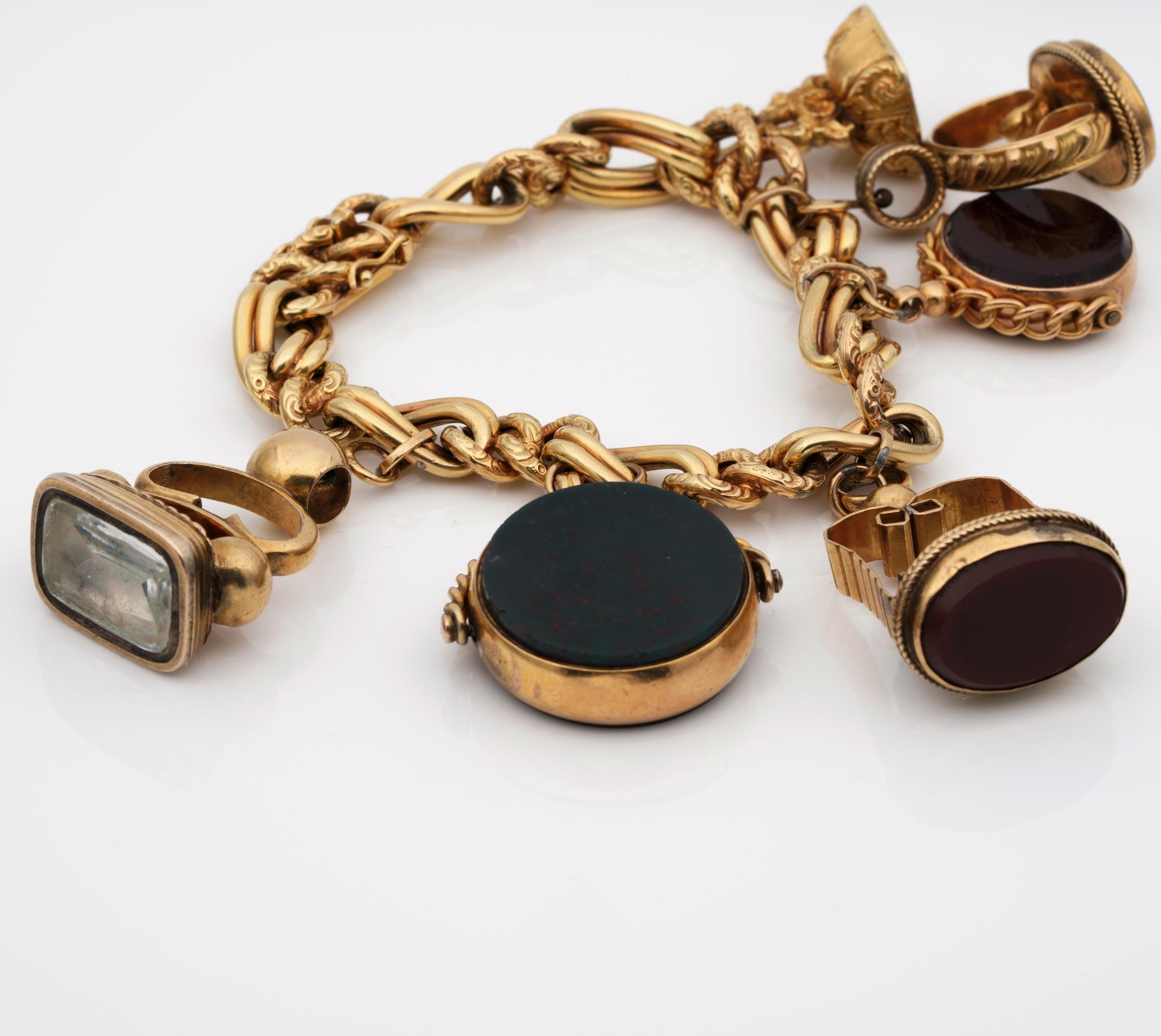 Cabochon Six Fobs Charm Bracelet 9KT/14 KT Gold For Sale