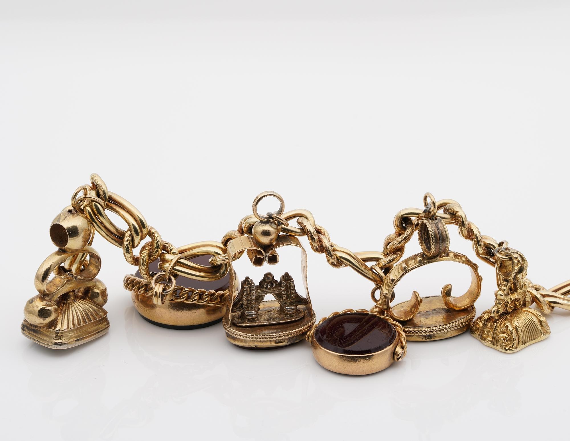 Women's Six Fobs Charm Bracelet 9KT/14 KT Gold For Sale