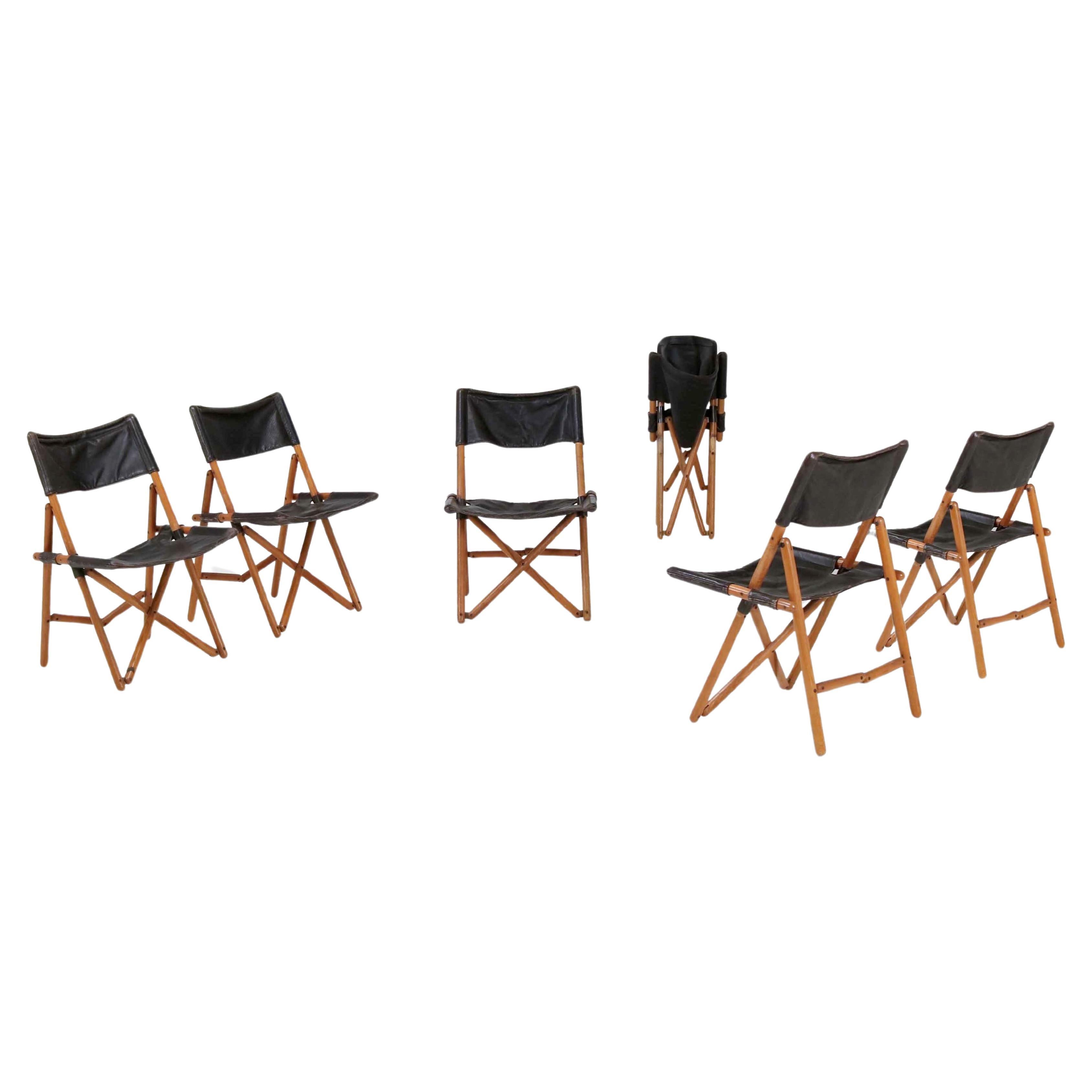 Six Folding Chairs in Leather Model Navy by Sergio Asti, Italian Design, 1969 