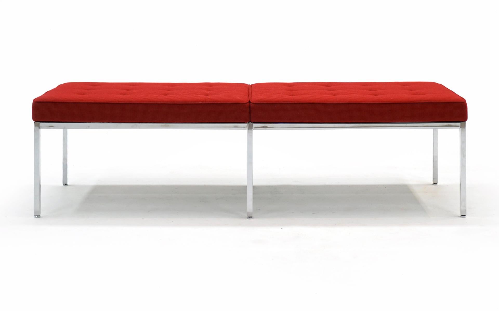 Three or four seat Florence Knoll Bench in red knoll fabric and heavy chromed steel frame. Produced in 2009, this bench has seen very little use. Very good condition with no stains or tears to the fabric. All feet are intact and the chrome finish is
