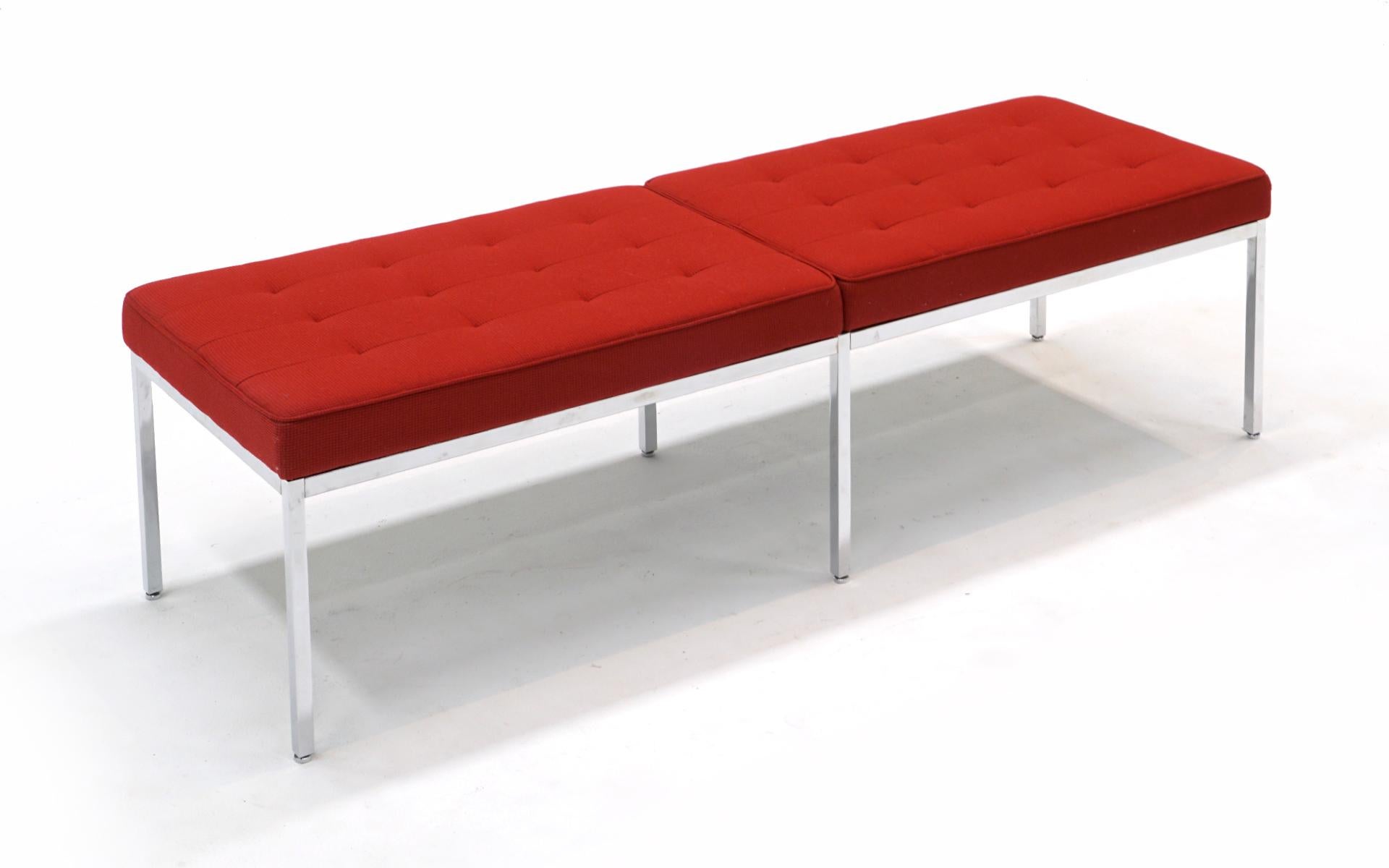 Mid-Century Modern Six Foot Bench by Florence Knoll, Red Fabric, Chrome Frame, Signed