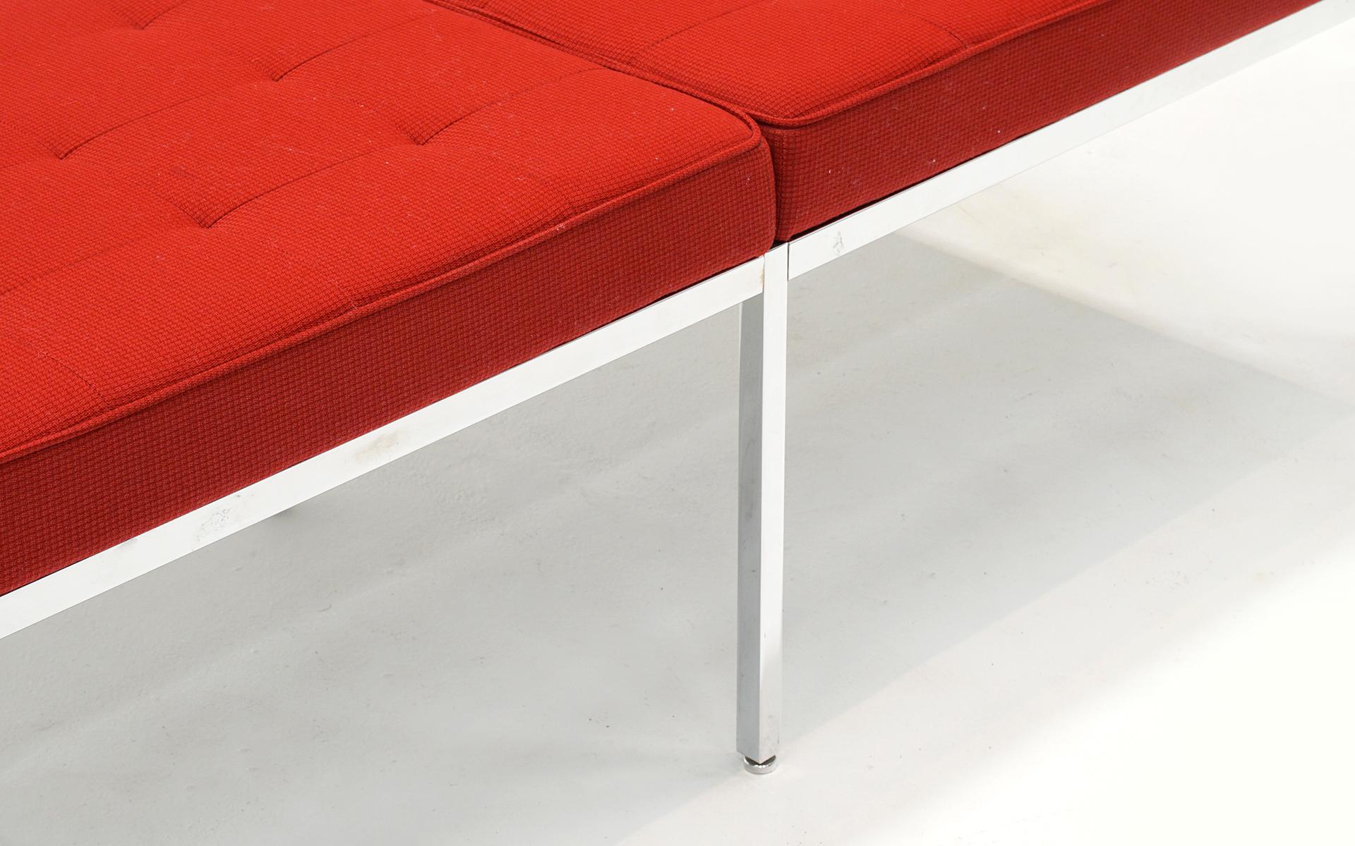 Six Foot Bench by Florence Knoll, Red Fabric, Chrome Frame, Signed In Good Condition In Kansas City, MO