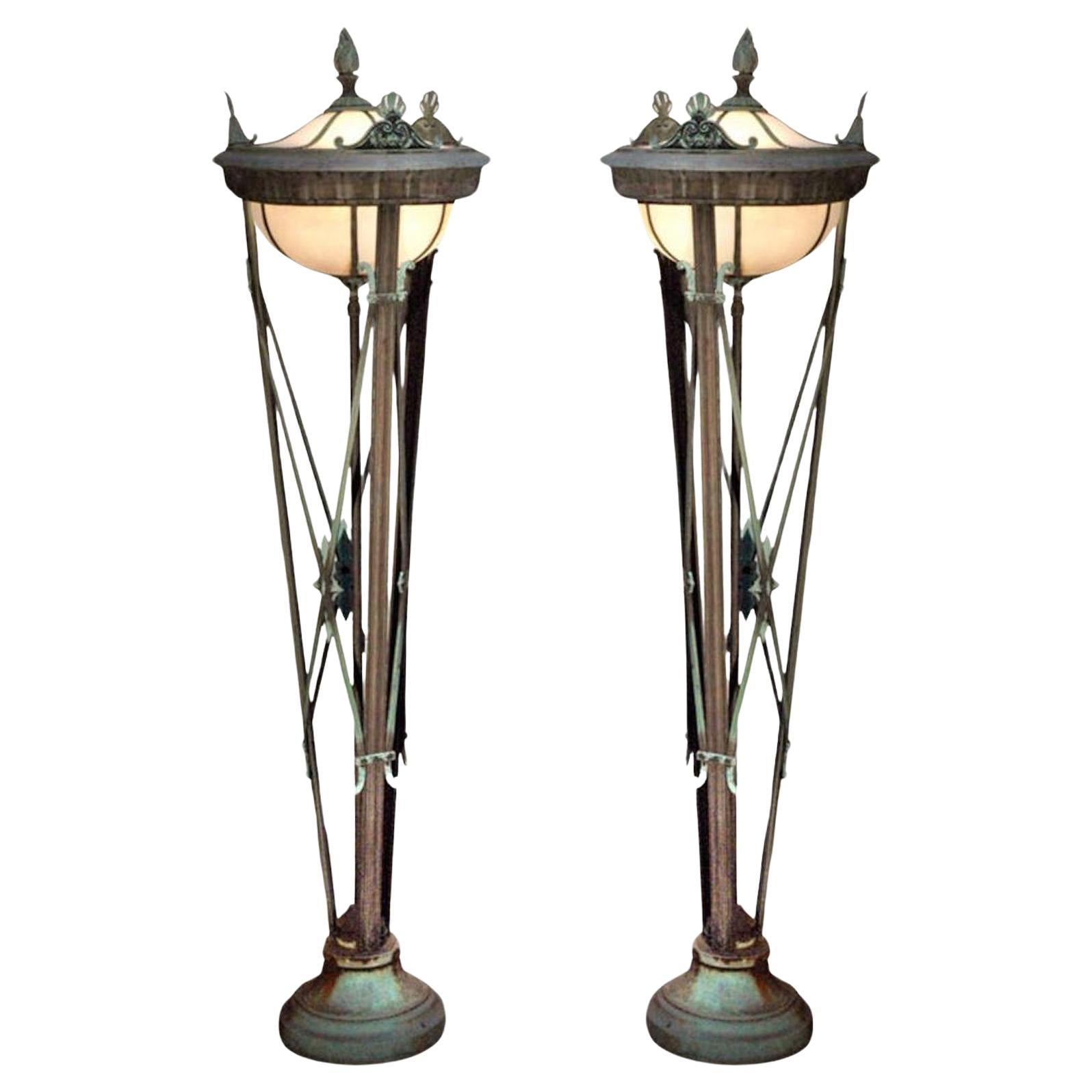 Six foot tall grand bronze entry lamps