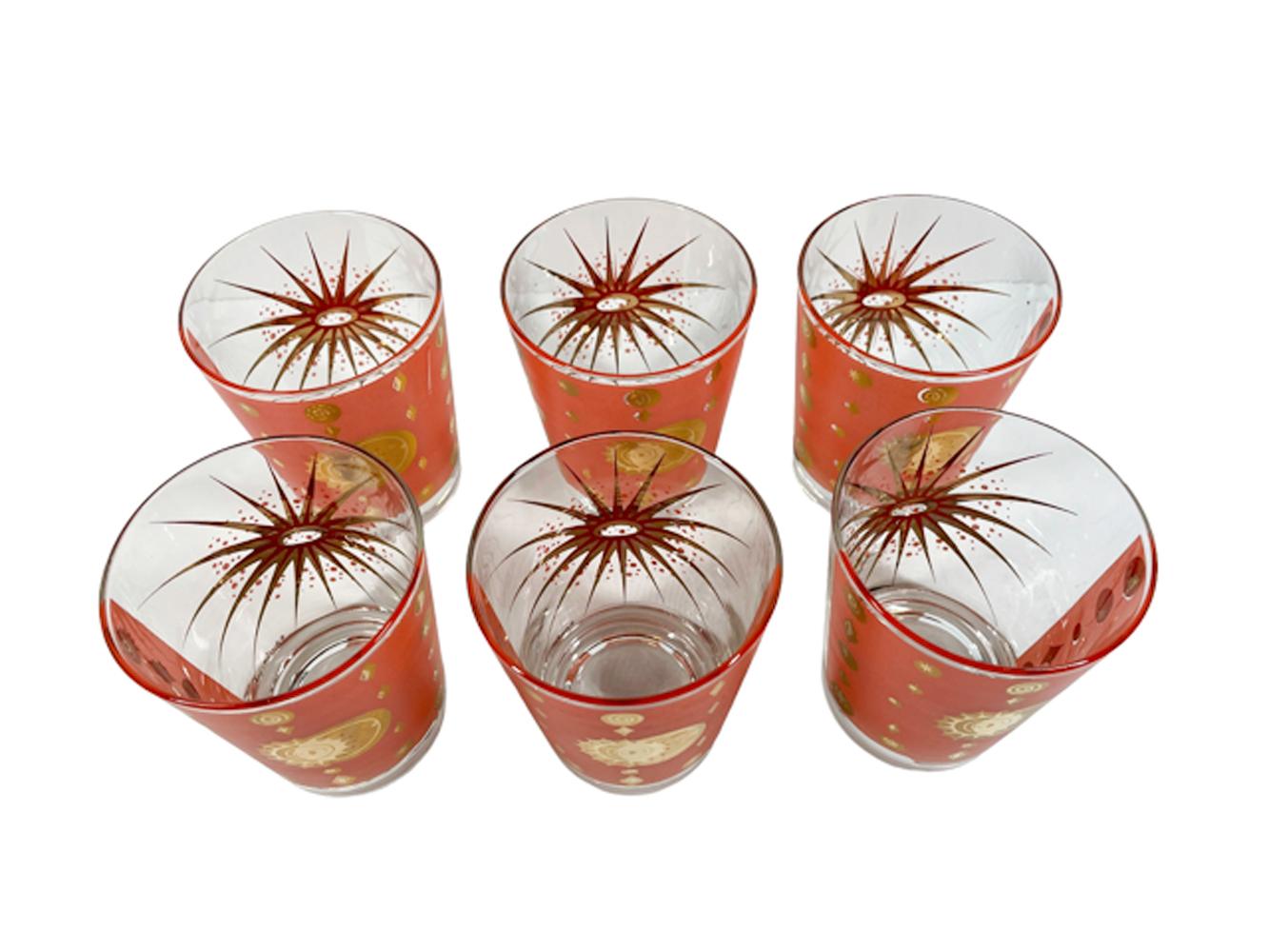 Mid-Century Modern Six verres Atomic Eclipse de Fred Press à la mode ancienne en corail et or 22 carats en vente