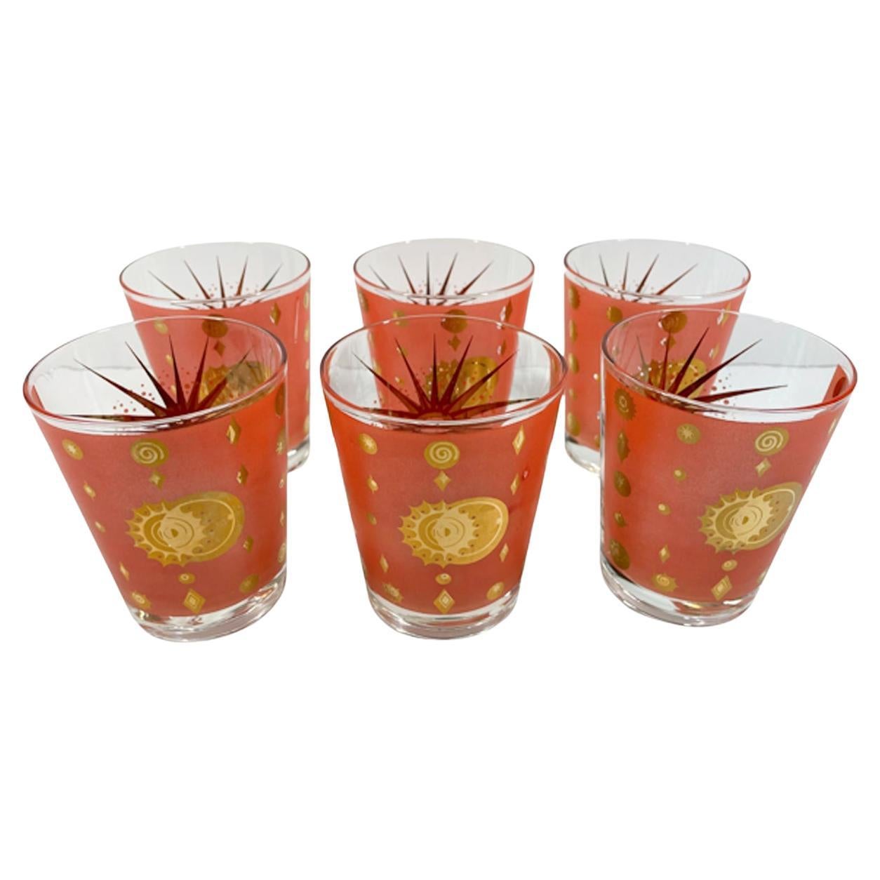 Six Fred Press "Atomic Eclipse" Double Old Fashioned Glasses in Coral & 22k Gold