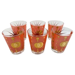 Six Fred Press "Atomic Eclipse" Double Old Fashioned Glasses in Coral & 22k Gold
