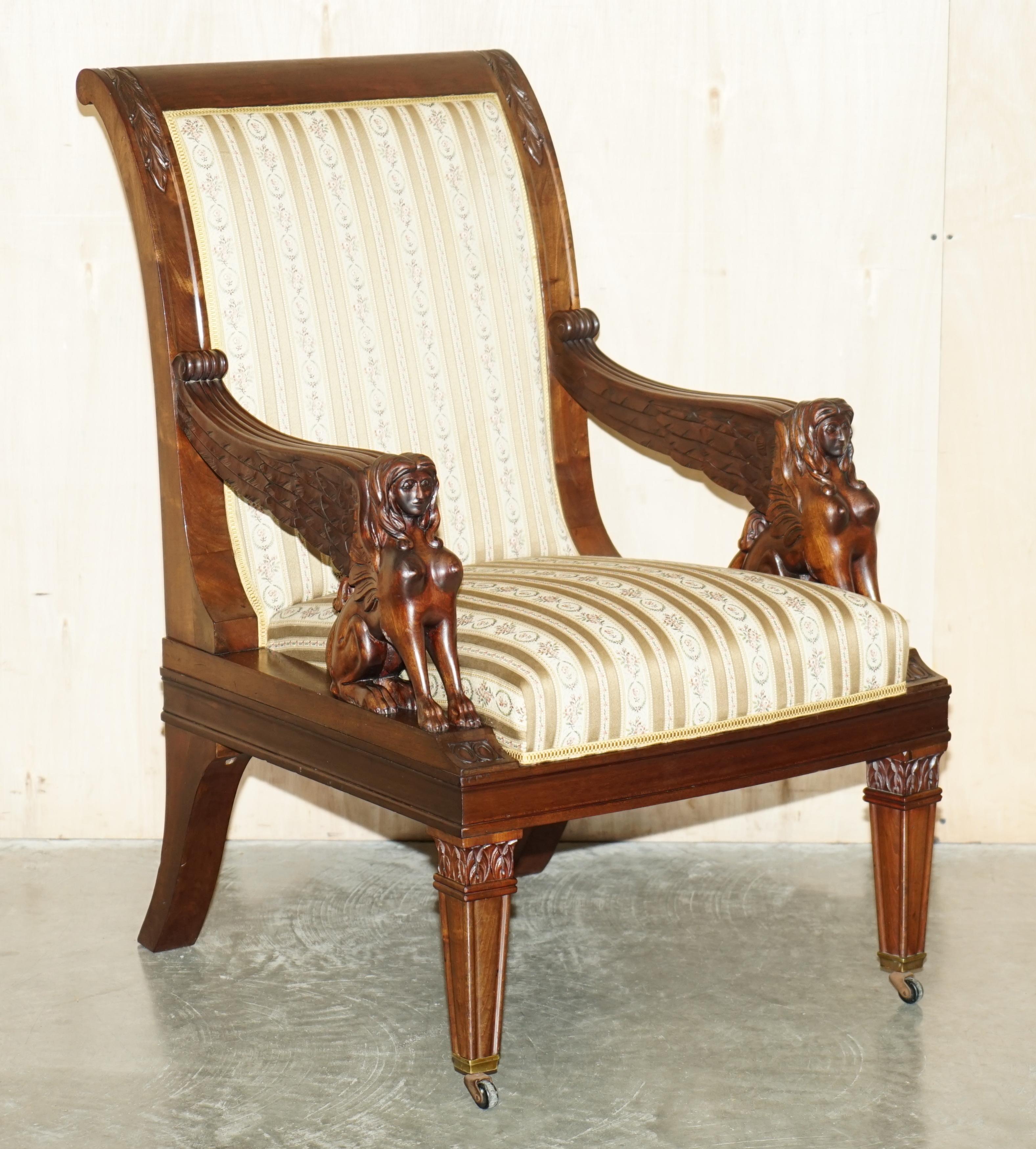 SIX FRENCH 1880 HARDWOOD HAND CARVED SPHINX ANTiQUE SALON DINING THRONE CHAIRS For Sale 5