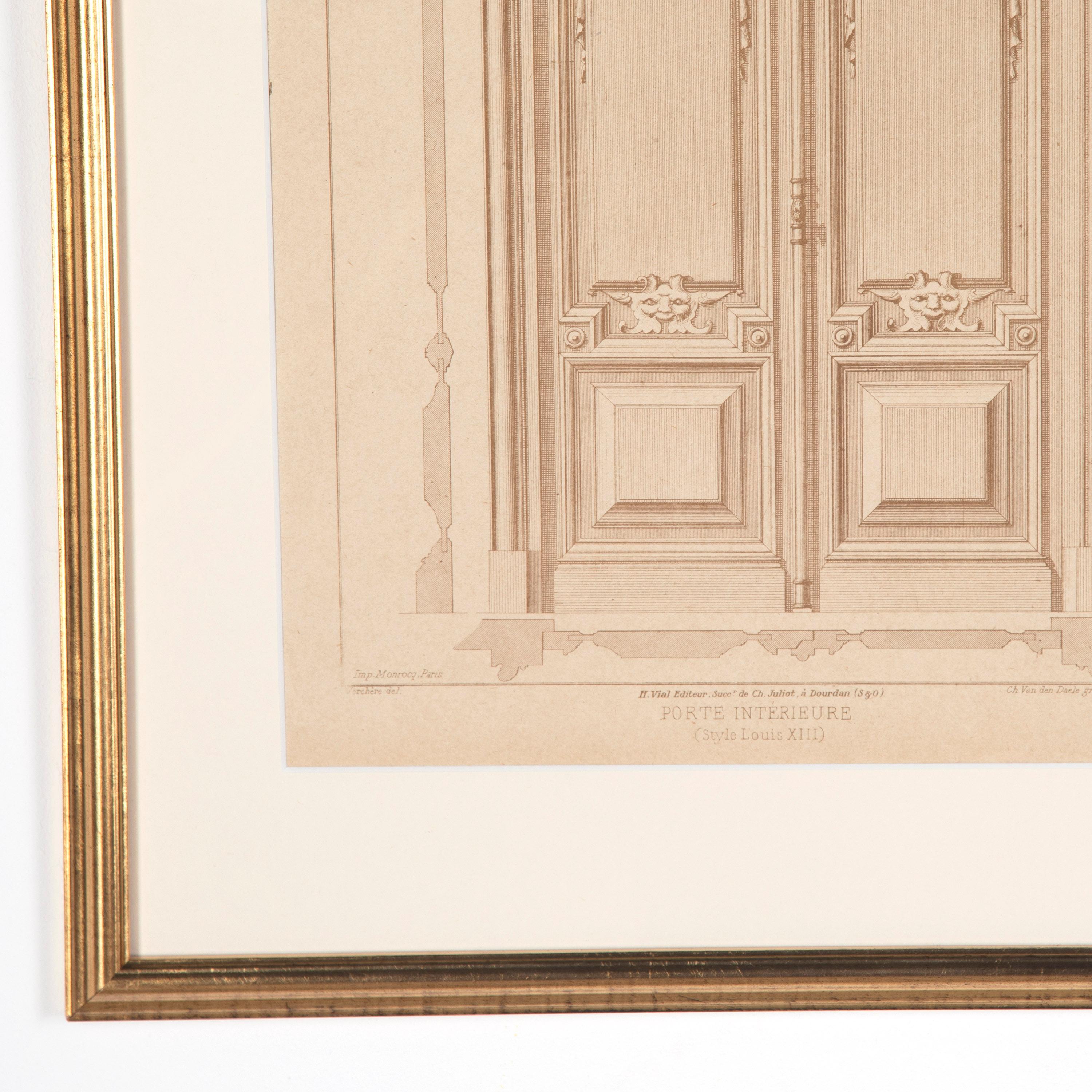 Set of six French late 19th century architectural engravings.

These unusual and highly decorative engravings are of architectural drawings for door designs. 

From H. Vial Editeur, Suvv' de Juliot. á Dourian (S & O).

These engravings are