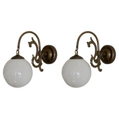 Three French Art Deco Brass Opaline Glass Wall Sconces, 1930s, Indoor or Outdoor