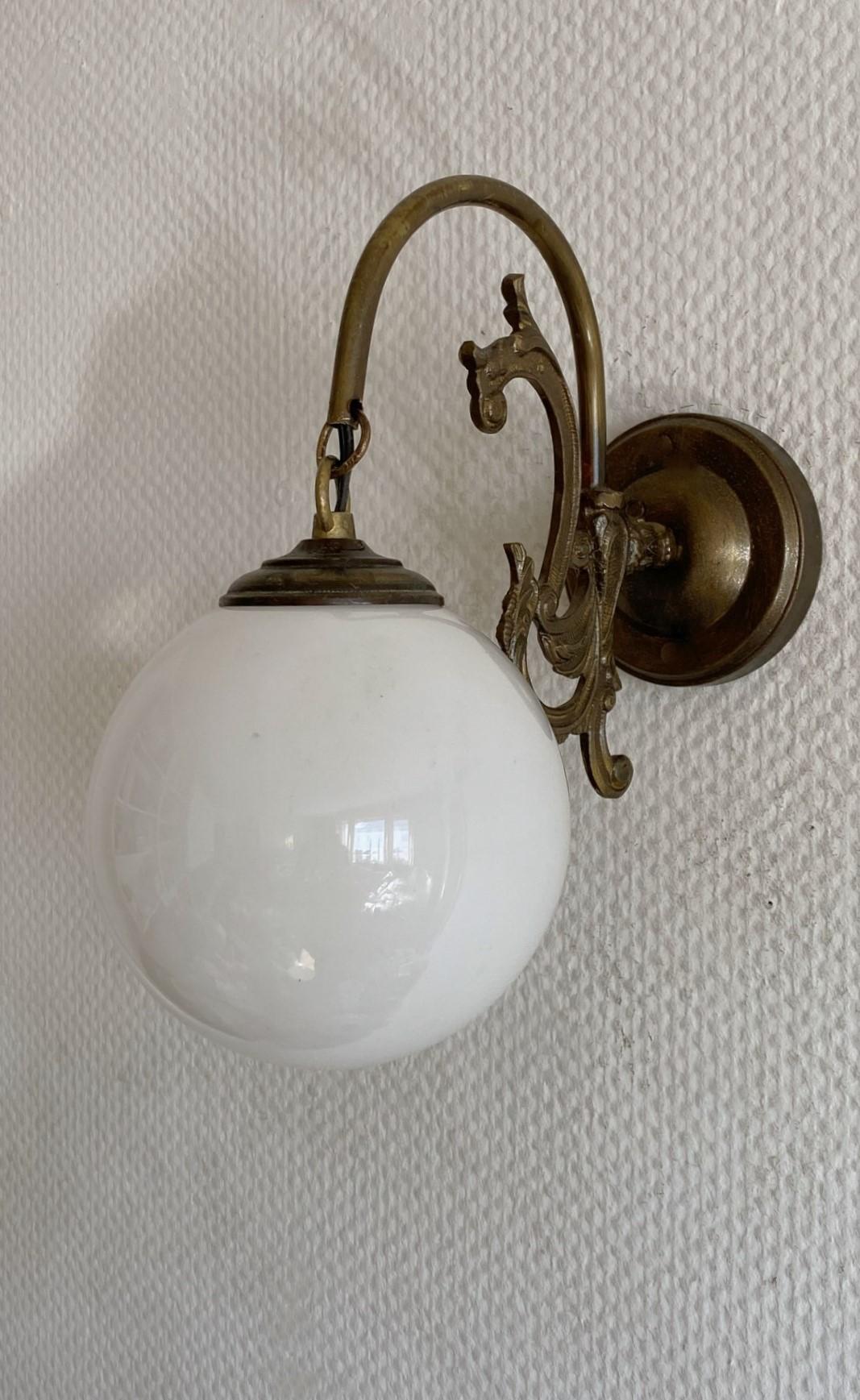 20th Century Six French Art Deco Brass Opaline Glass Wall Sconces, 1930s For Sale