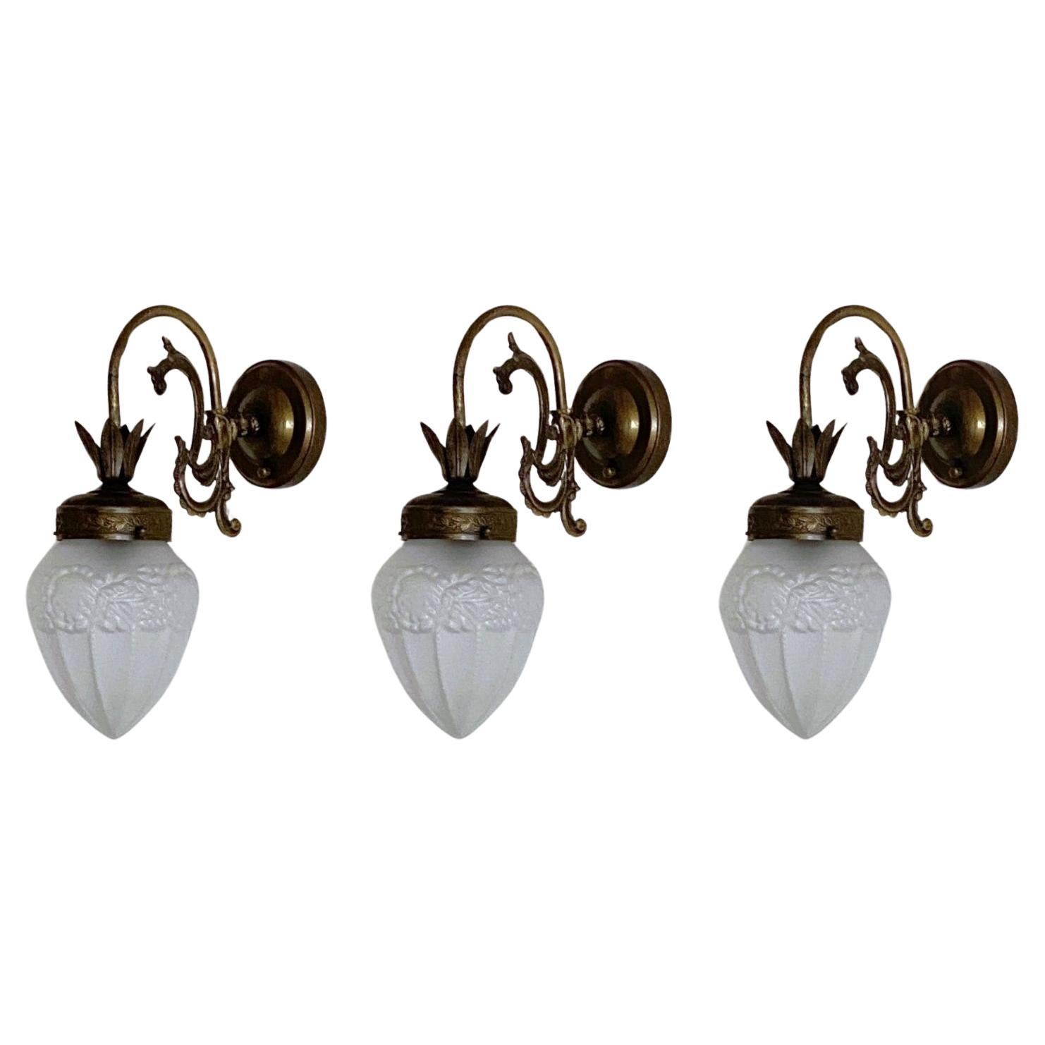 Six French Art Deco Brass Frosted Glass Wall Sconces, 1930s For Sale