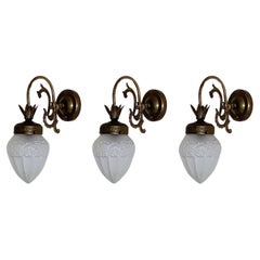 Used Six French Art Deco Brass Frosted Glass Wall Sconces, 1930s