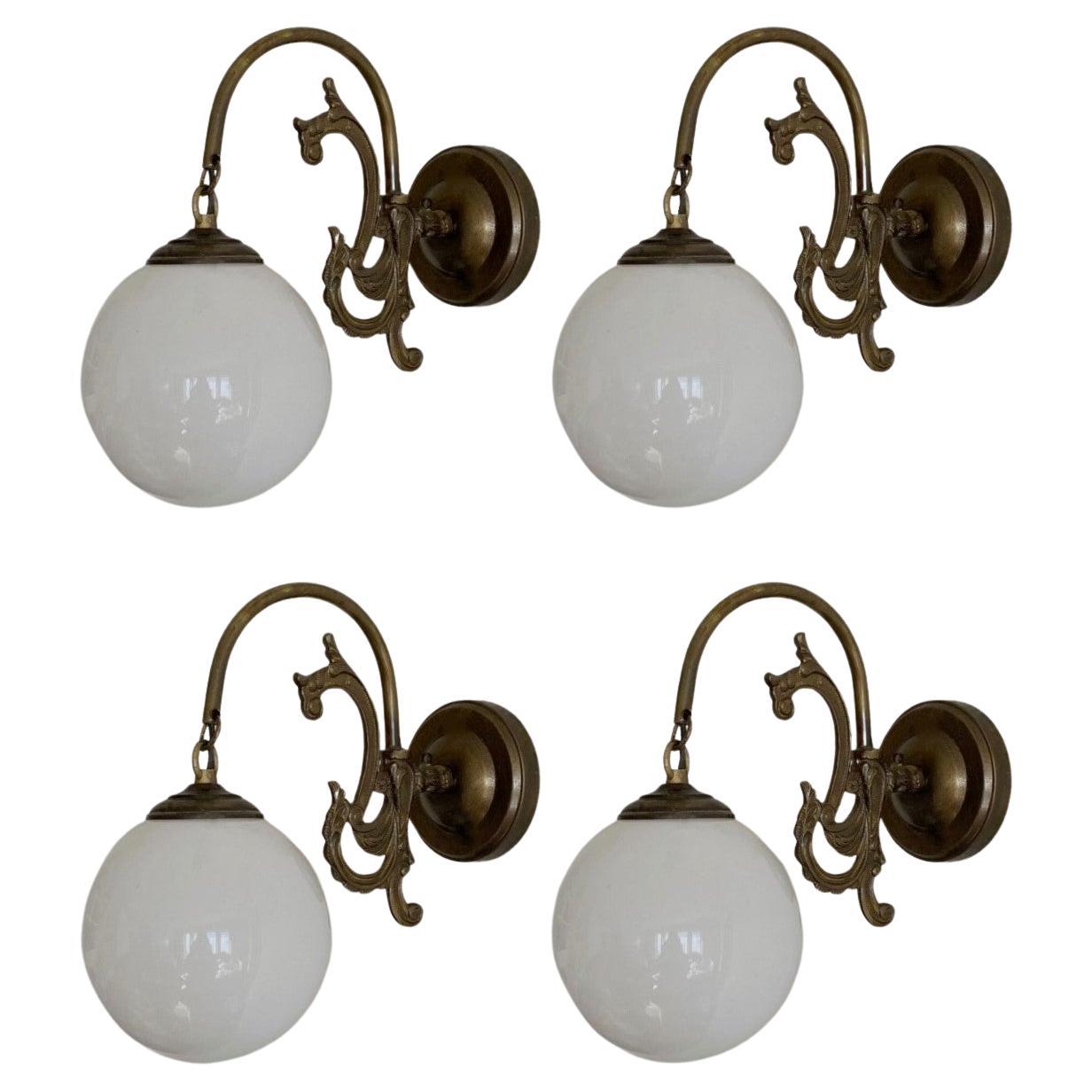 Four French Art Deco Brass Opaline Glass Wall Sconces, 1930s, Indoor or Outdoor