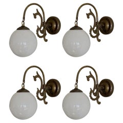 Four French Art Deco Brass Opaline Glass Wall Sconces, 1930s, Indoor or Outdoor