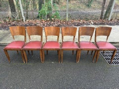 Six French Art Deco Dining Chairs, Walnut and Red Leather, 1940s