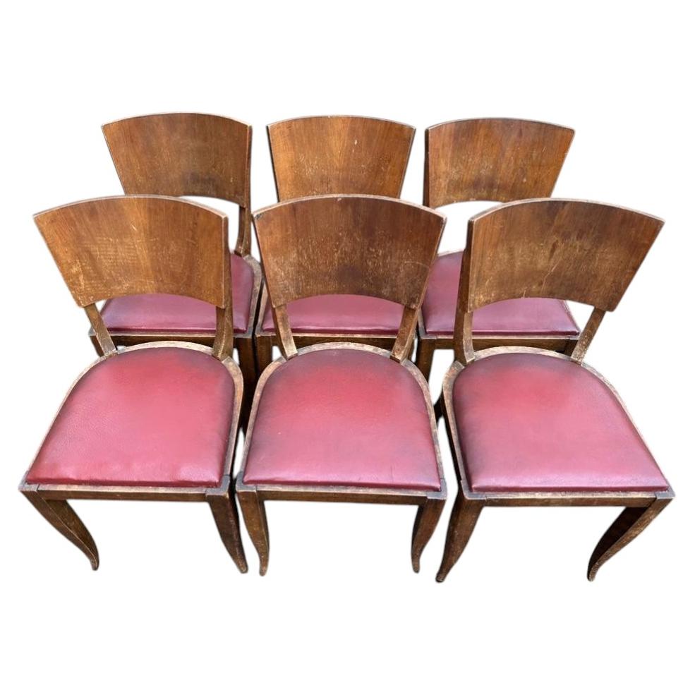 Six French Art Deco Dining Chairs, Walnut and Red Leather, 1940s For Sale