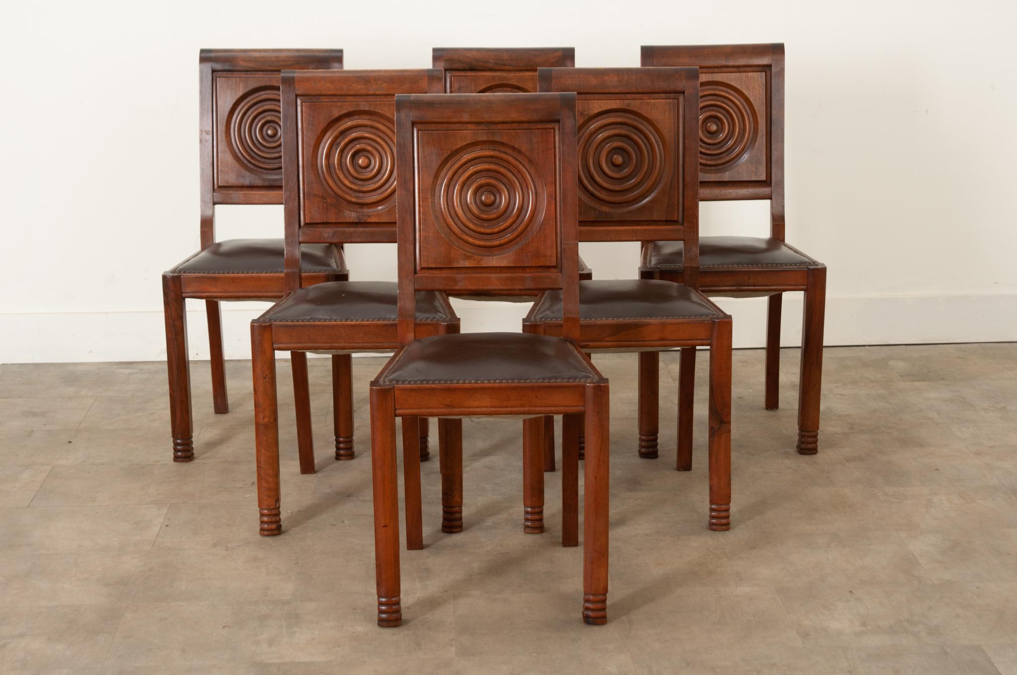 Hand-Crafted Six French Art Deco Walnut Dining Chairs