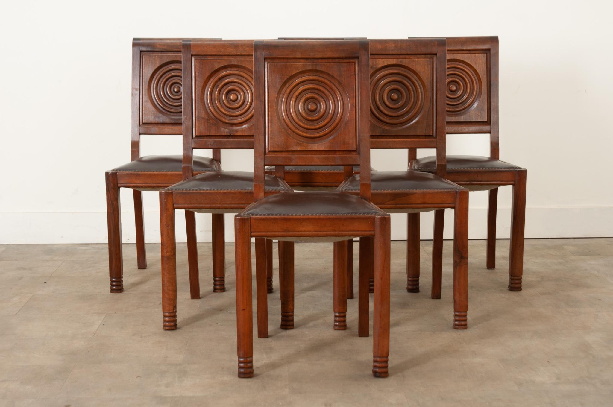 Six French Art Deco Walnut Dining Chairs In Good Condition In Baton Rouge, LA