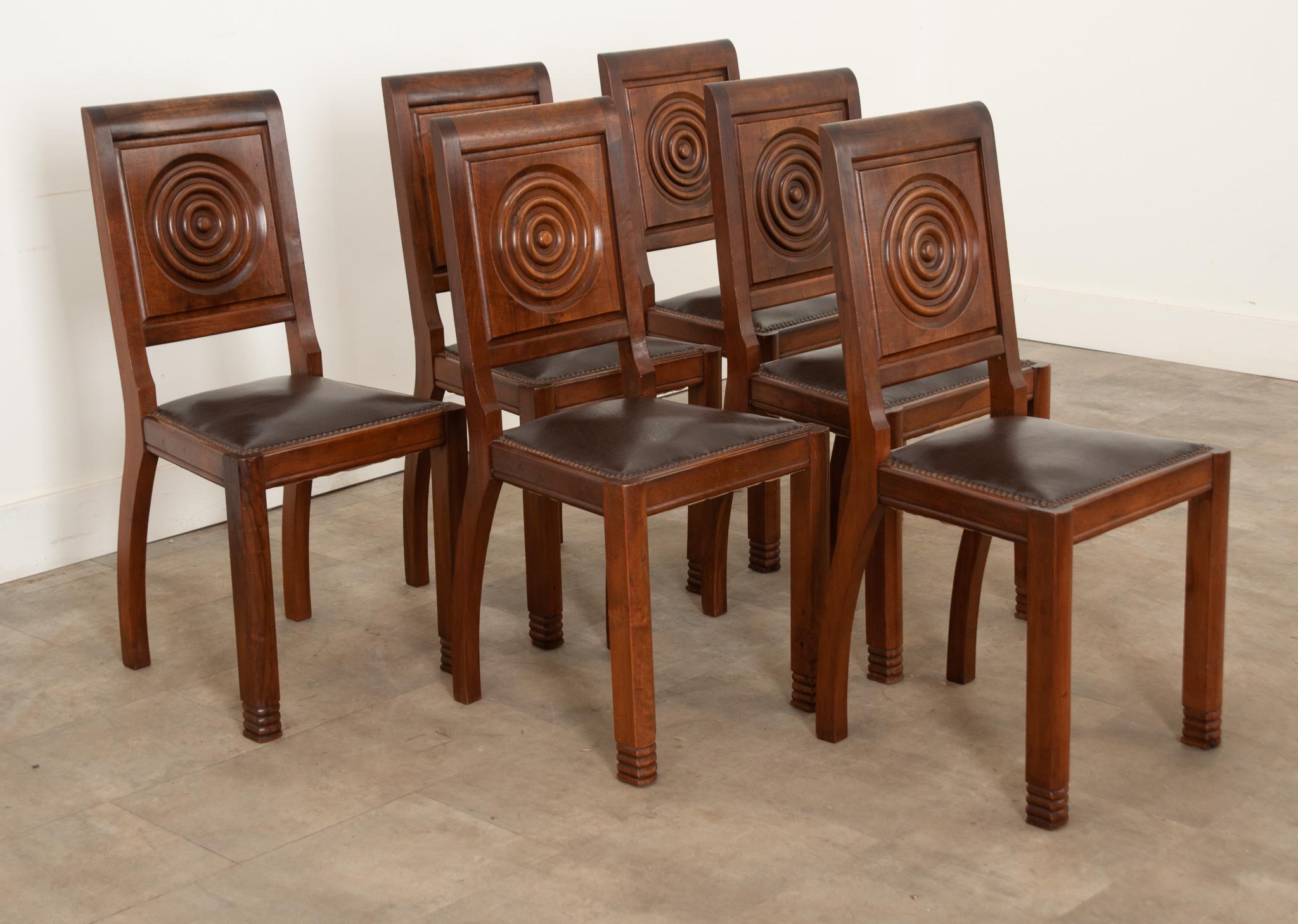 20th Century Six French Art Deco Walnut Dining Chairs