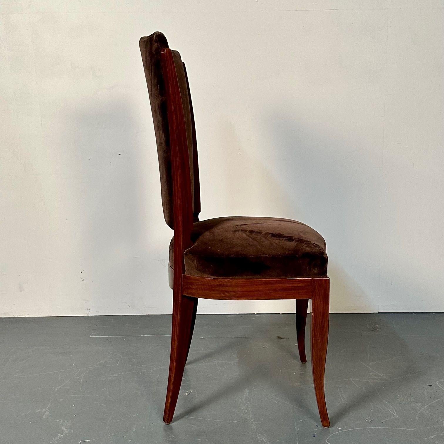 Six chaises de salle à manger / d'appoint Art Déco françaises en noyer, velours brun, style Ruhlman en vente 3