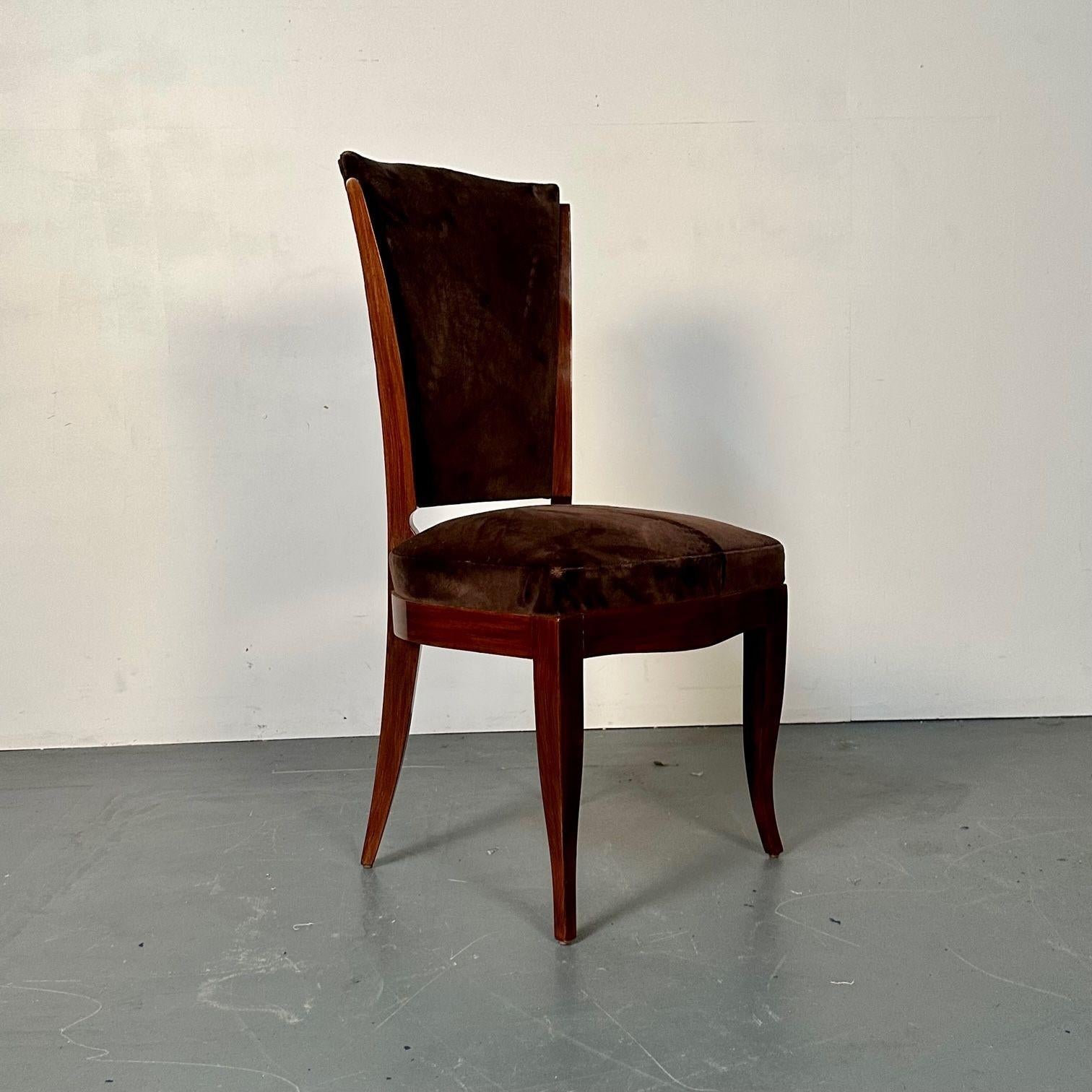 Six chaises de salle à manger / d'appoint Art Déco françaises en noyer, velours brun, style Ruhlman en vente 4