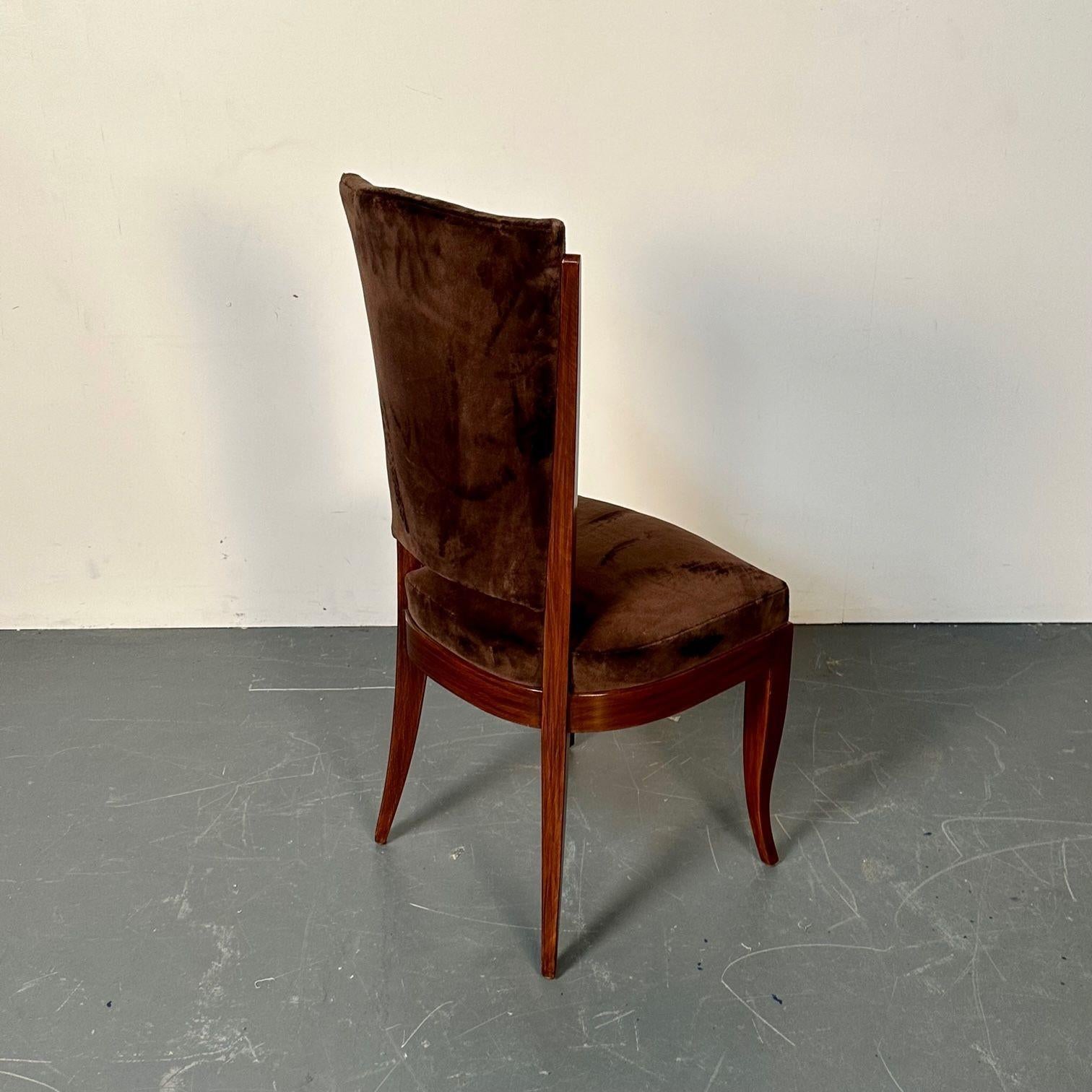 Six French Art Deco Walnut Dining / Side Chairs, Brown Velvet, Ruhlman Style For Sale 8