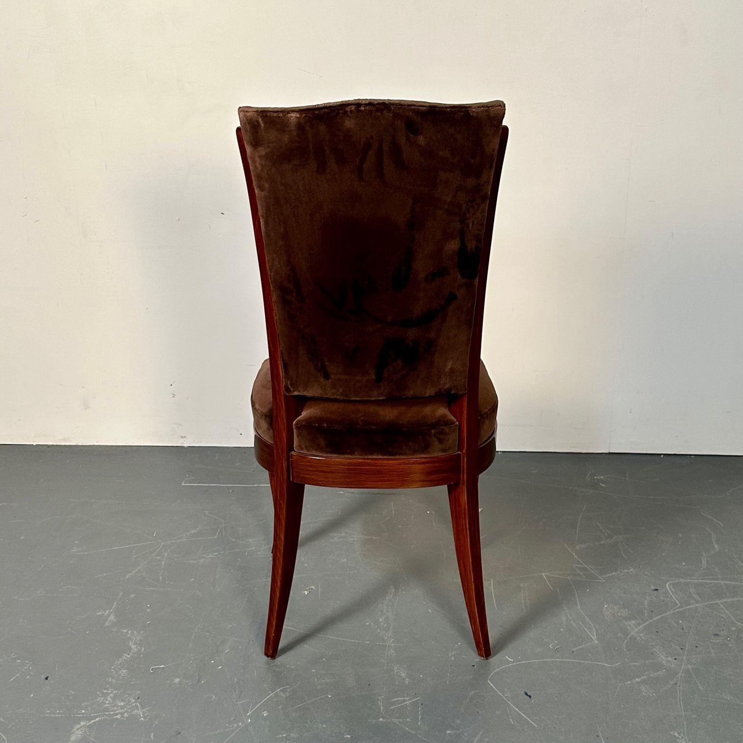 Six chaises de salle à manger / d'appoint Art Déco françaises en noyer, velours brun, style Ruhlman en vente 7