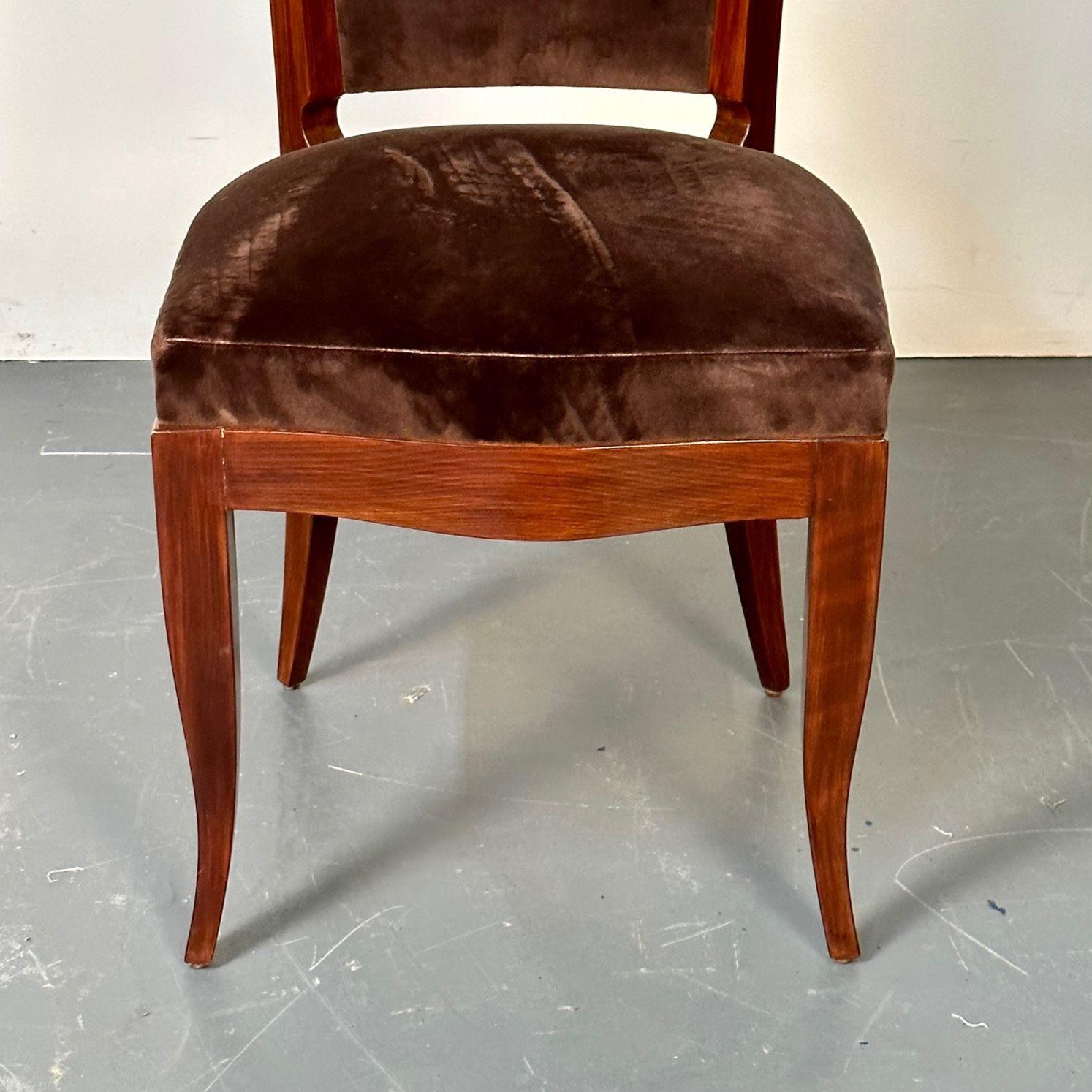 Six French Art Deco Walnut Dining / Side Chairs, Brown Velvet, Ruhlman Style For Sale 12