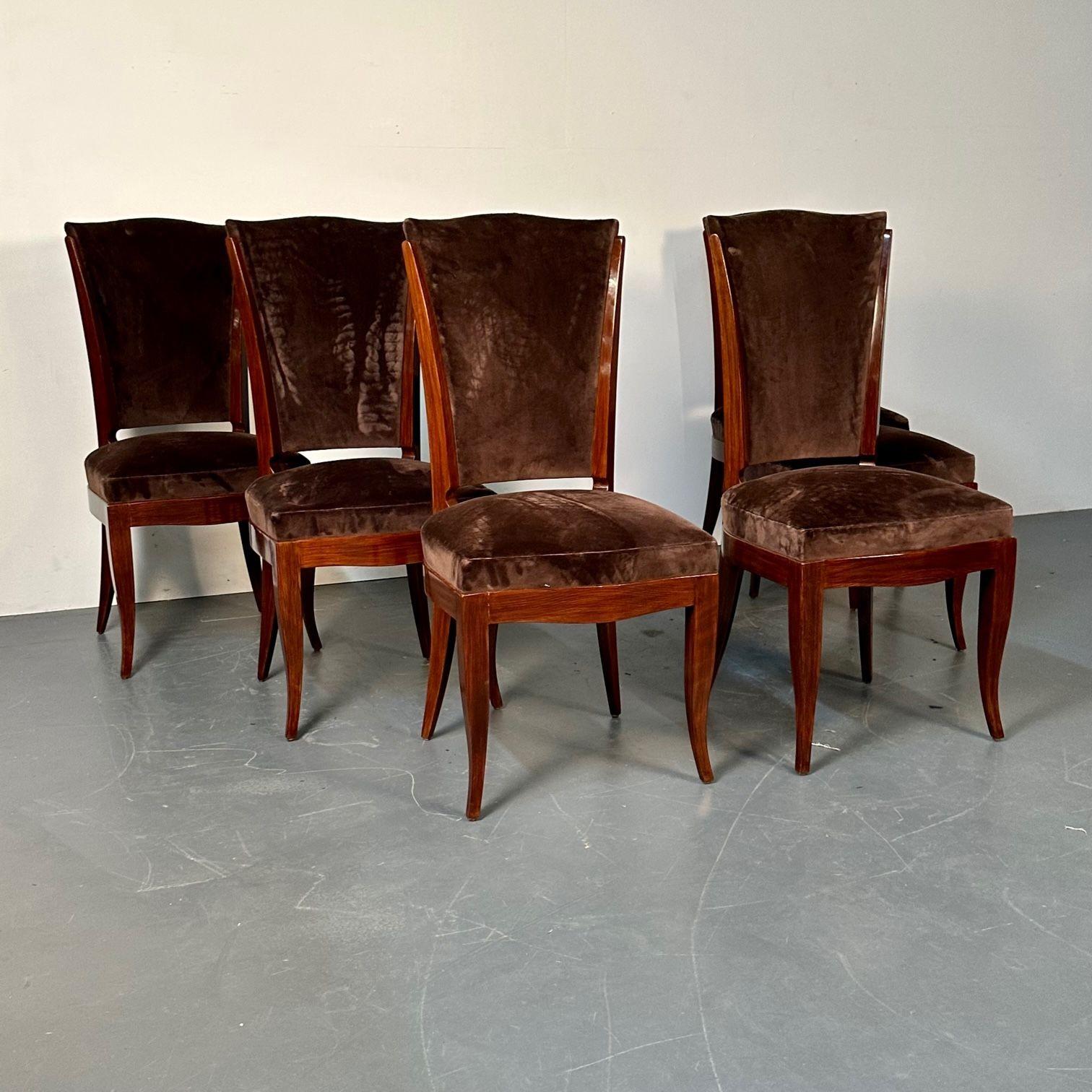 Mid-Century Modern Six French Art Deco Walnut Dining / Side Chairs, Brown Velvet, Ruhlman Style For Sale