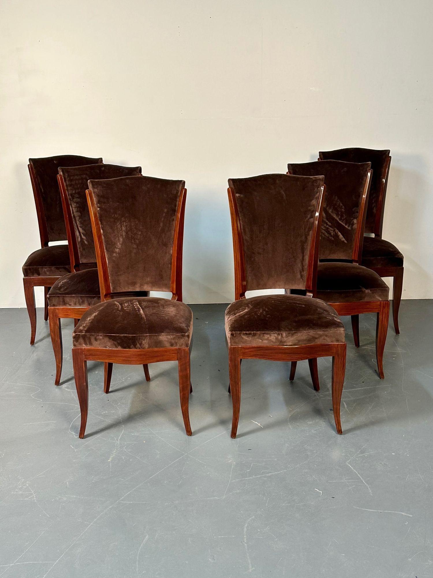 Six French Art Deco Walnut Dining / Side Chairs, Brown Velvet, Ruhlman Style In Good Condition For Sale In Stamford, CT