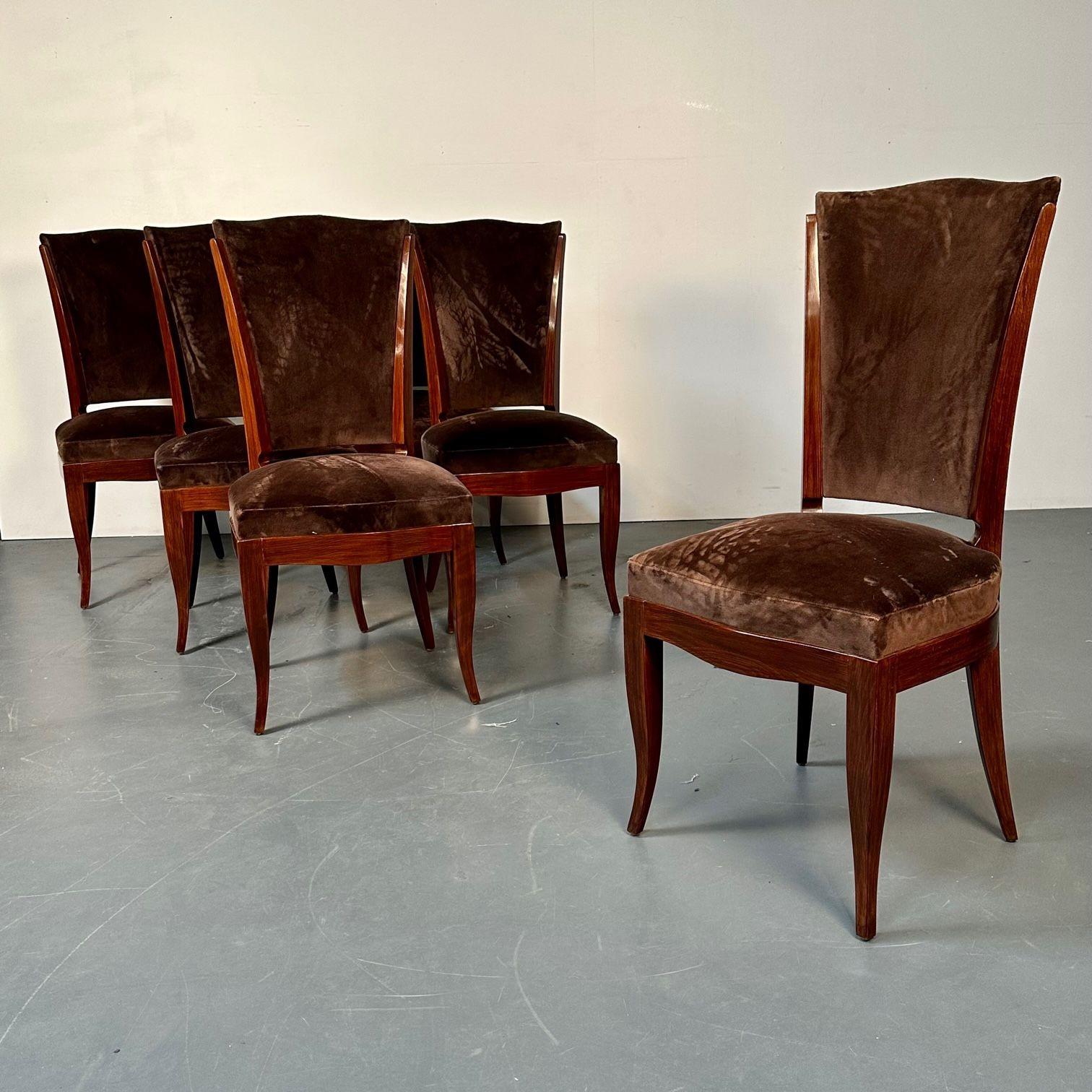 Mid-20th Century Six French Art Deco Walnut Dining / Side Chairs, Brown Velvet, Ruhlman Style For Sale