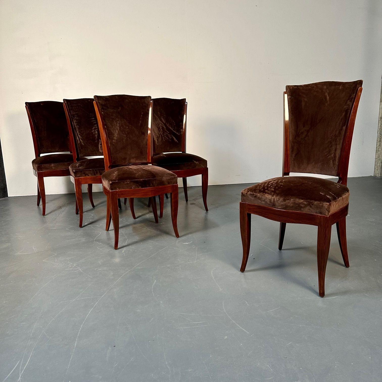 Six French Art Deco Walnut Dining / Side Chairs, Brown Velvet, Ruhlman Style For Sale 1