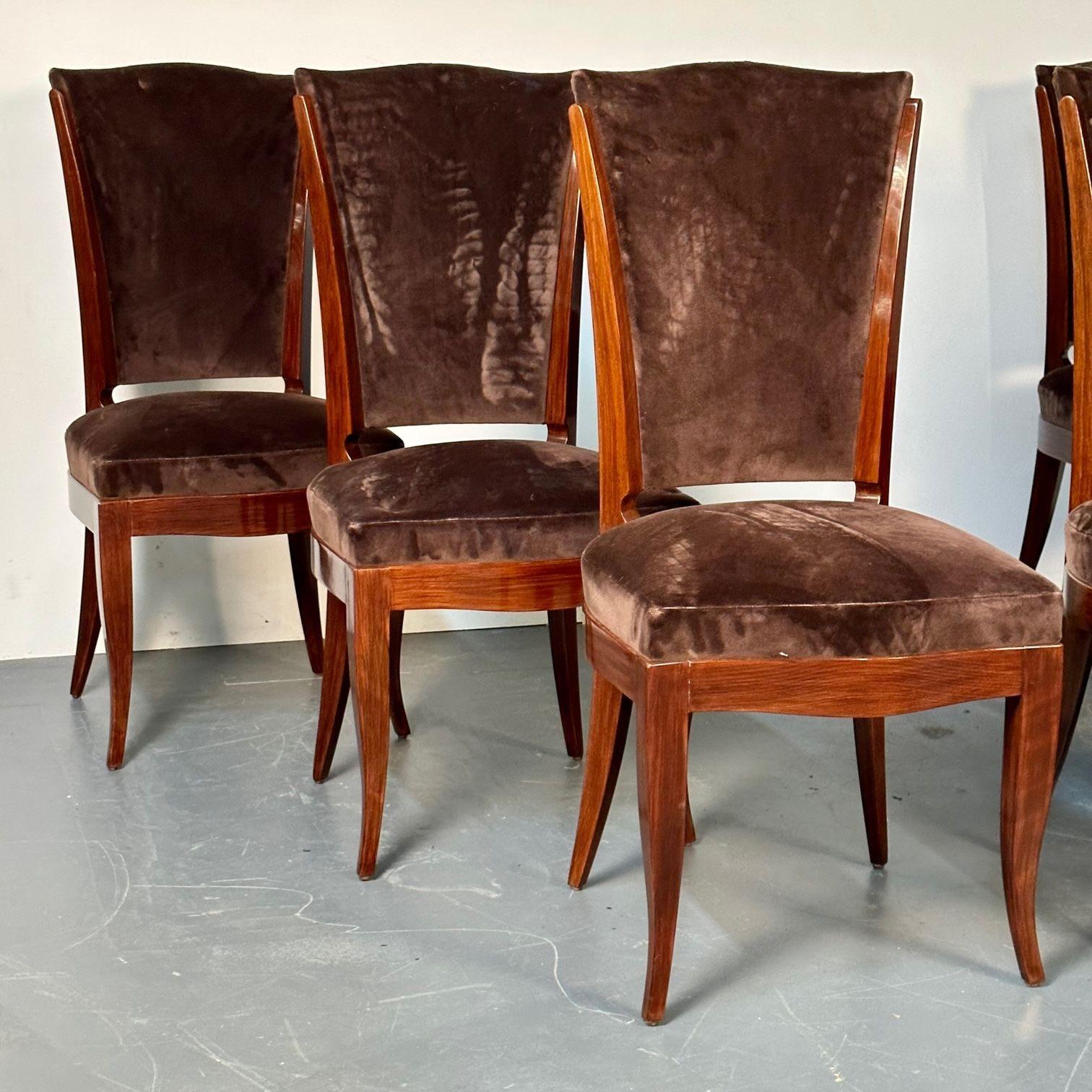 Six French Art Deco Walnut Dining / Side Chairs, Brown Velvet, Ruhlman Style For Sale 3