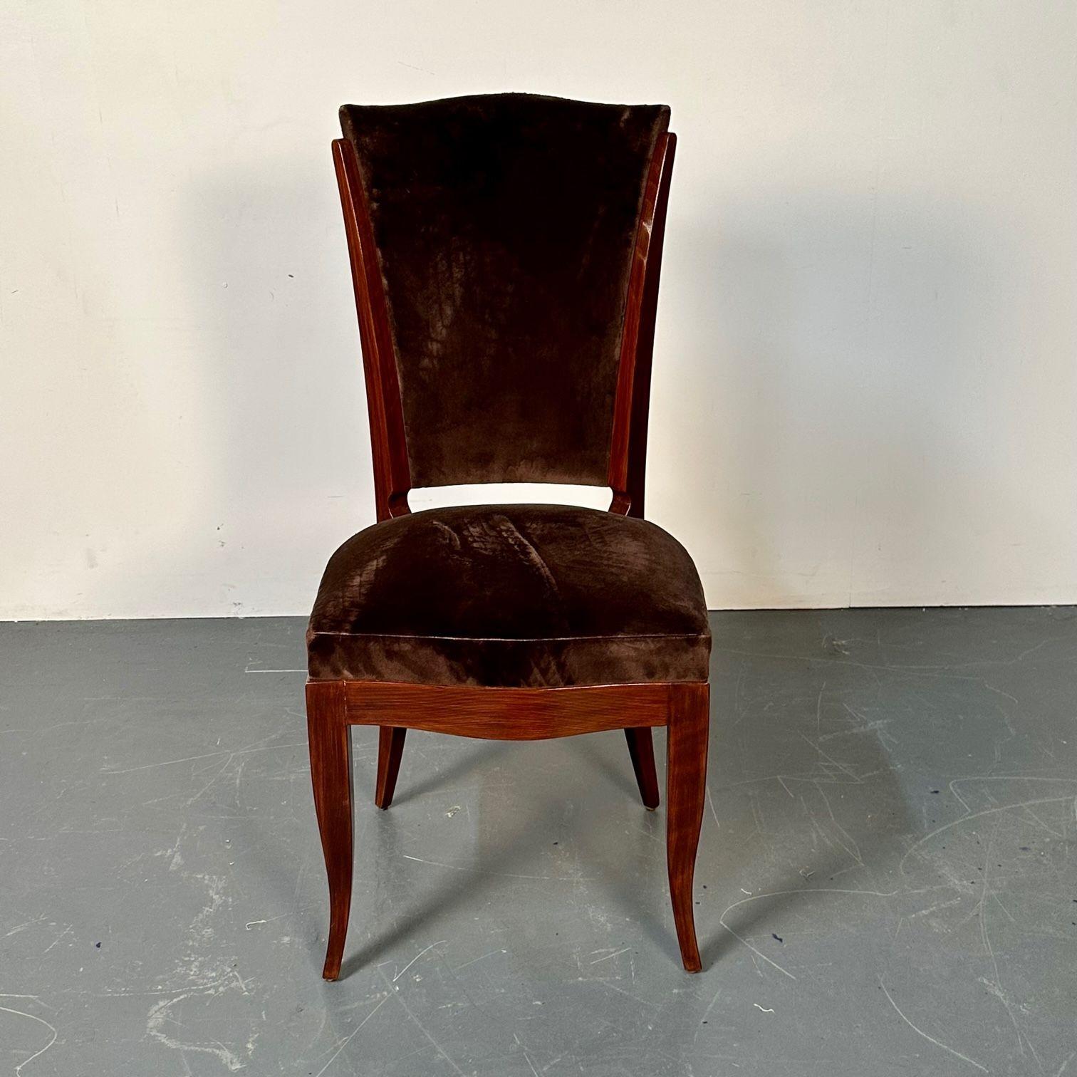Six chaises de salle à manger / d'appoint Art Déco françaises en noyer, velours brun, style Ruhlman en vente 2