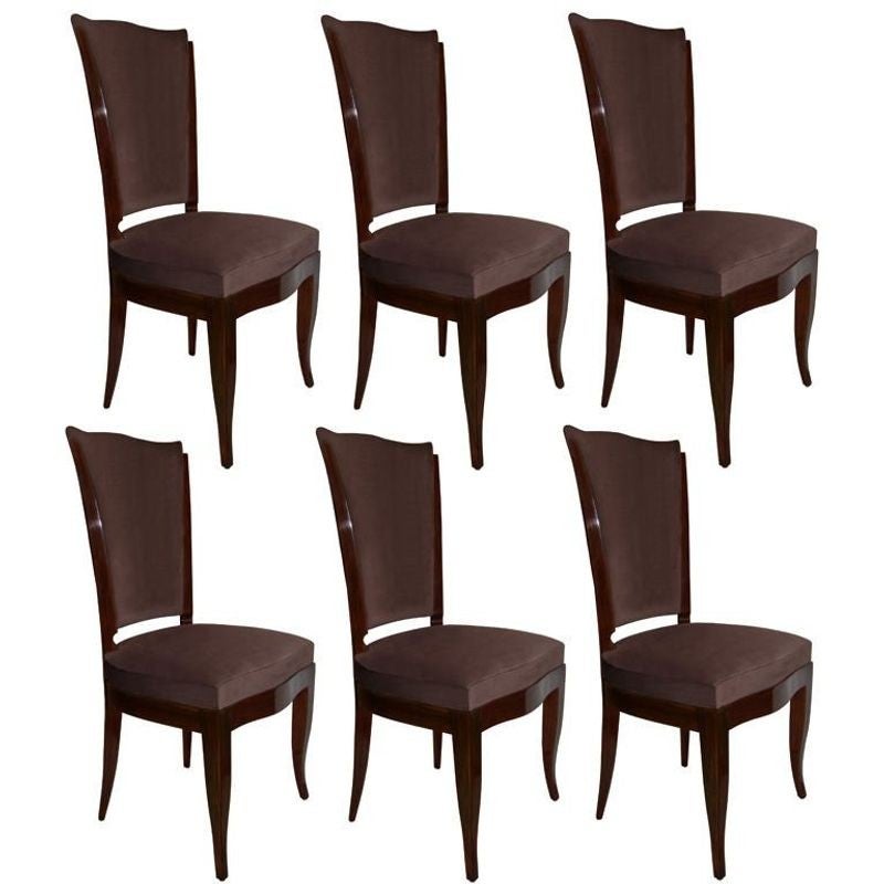 Six French Art Deco Walnut Dining / Side Chairs, Brown Velvet, Ruhlman Style For Sale