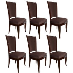 Vintage Six French Art Deco Walnut Dining / Side Chairs, Brown Velvet, Ruhlman Style