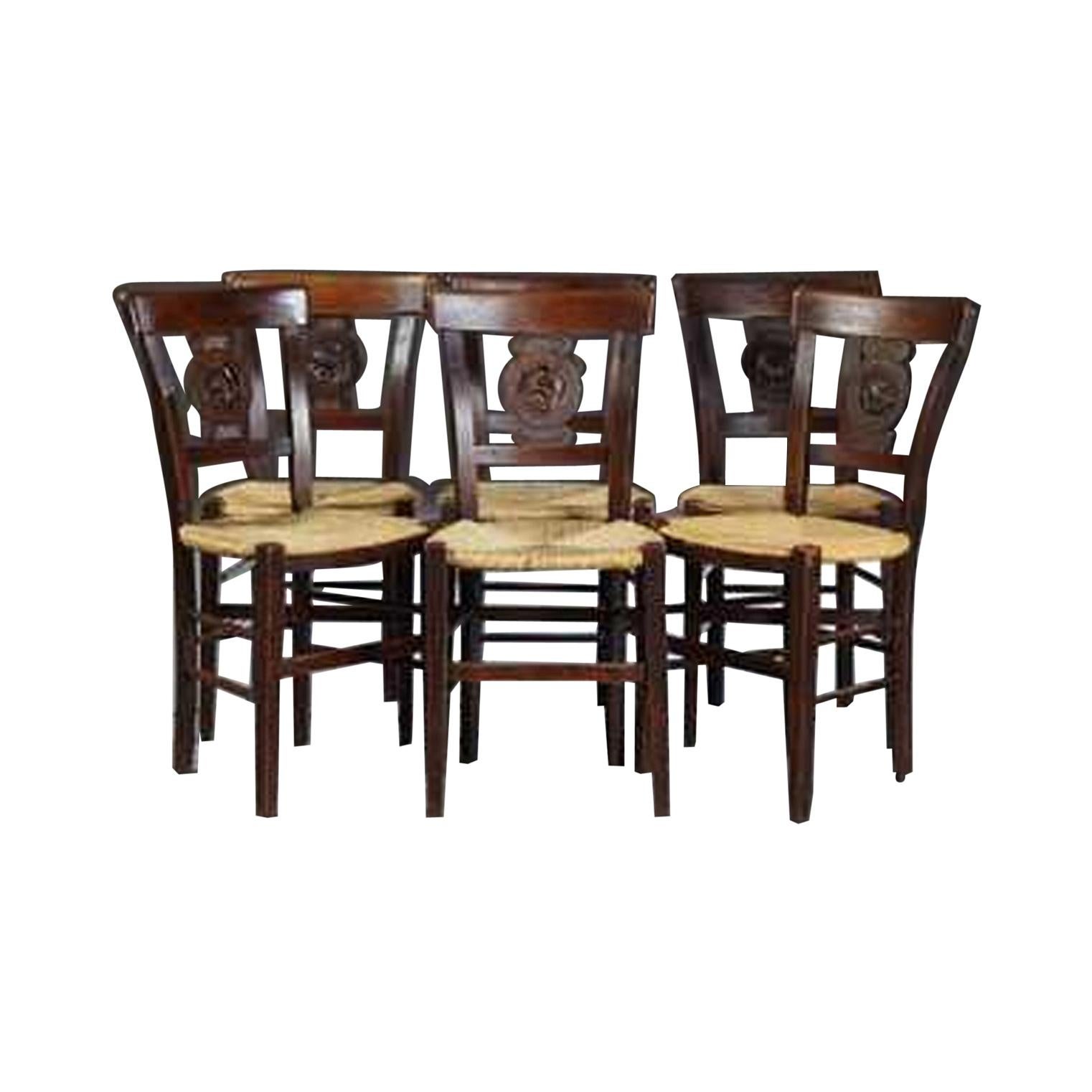 Six French Carved Walnut Rushseat Dining Chairs