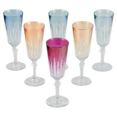 Six French champagne flutes in crystal glass. Classic design in different color