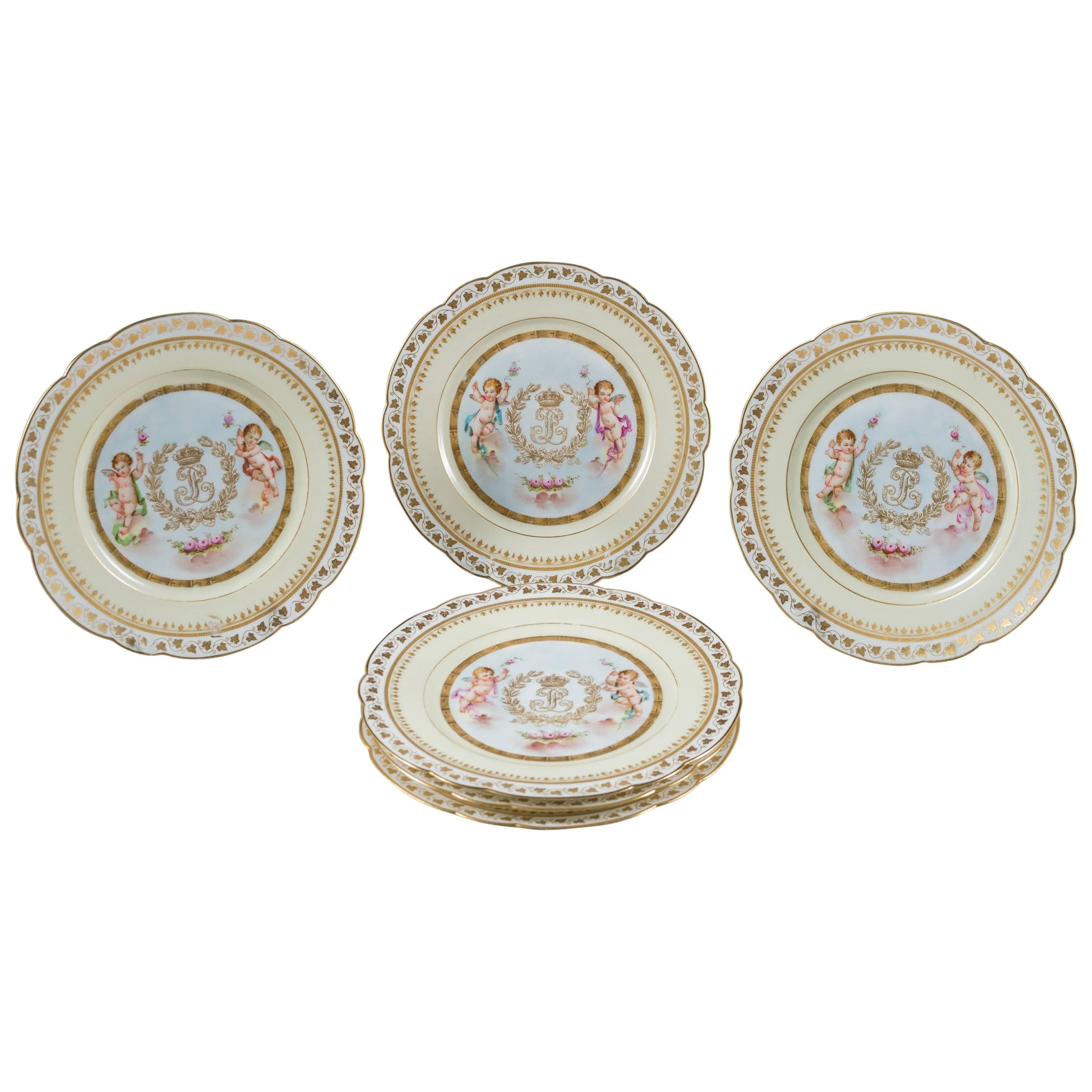 Six French Chateau Sevres Porcelain Pink Ground Painted Plates For Sale