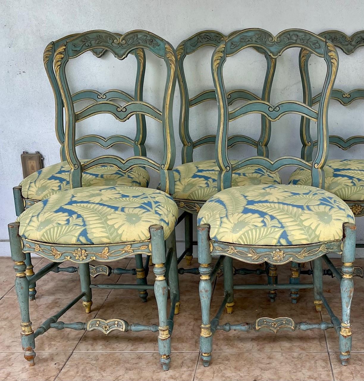 Six French Country Ladderback Painted Dining Chairs Early 19th Century For Sale 3