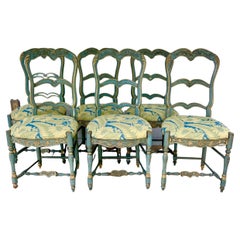 Six French Country Ladderback Painted Dining Chairs Early 19th Century