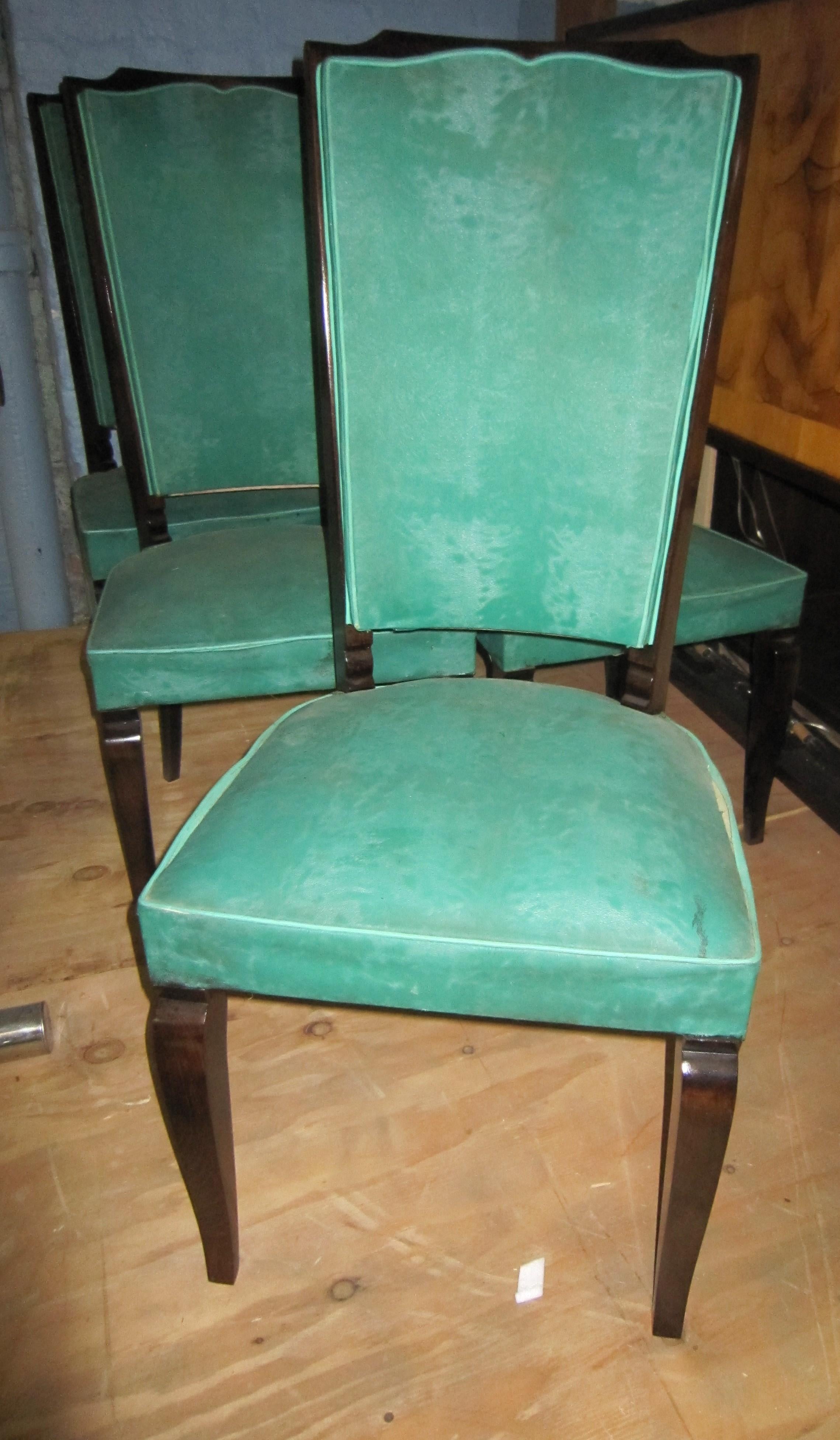 Six French Deco Dark Walnut Refinished Tall Back Dining Chairs 2