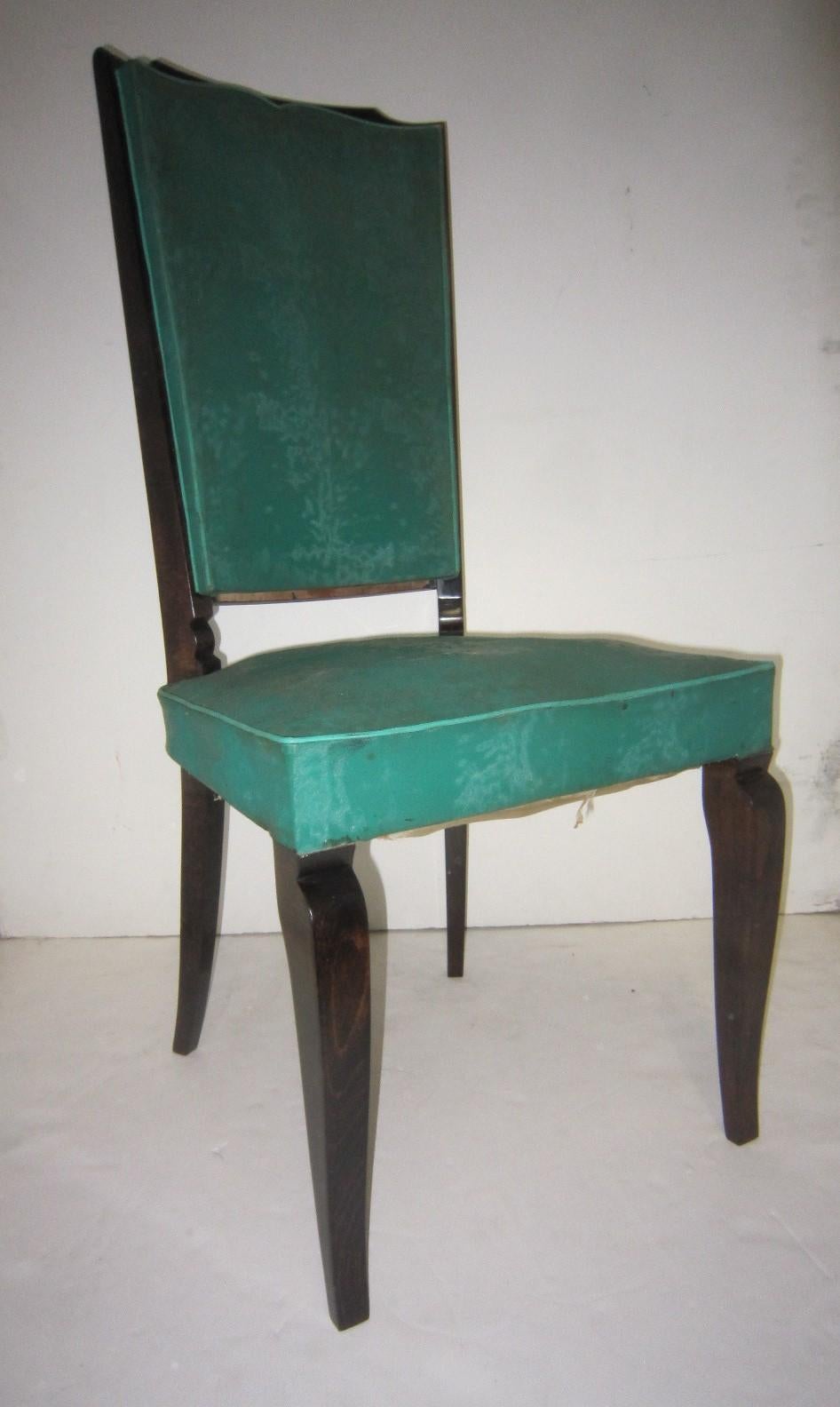Six French Deco Dark Walnut Refinished Tall Back Dining Chairs 10