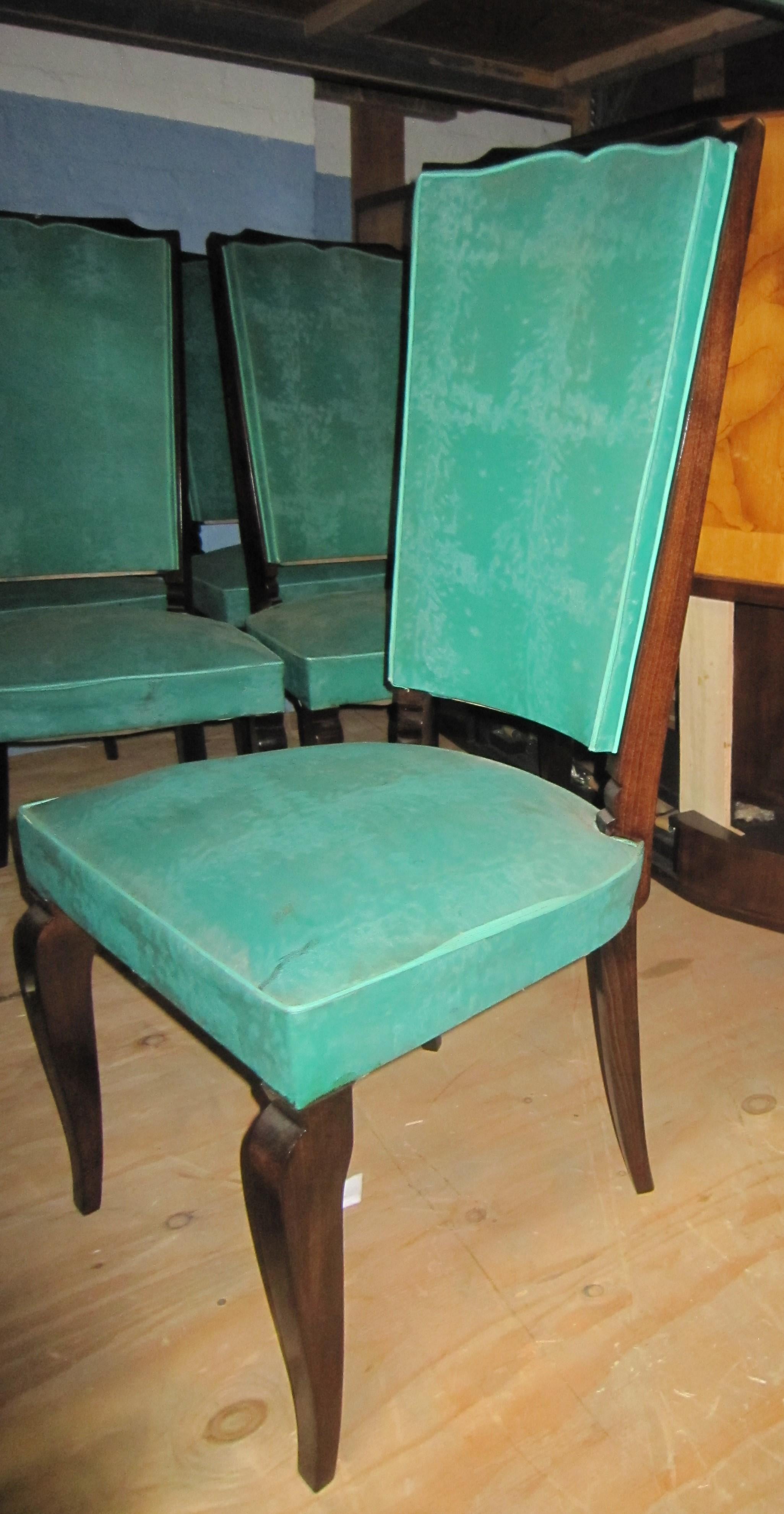 Six French Deco Dark Walnut Refinished Tall Back Dining Chairs 1