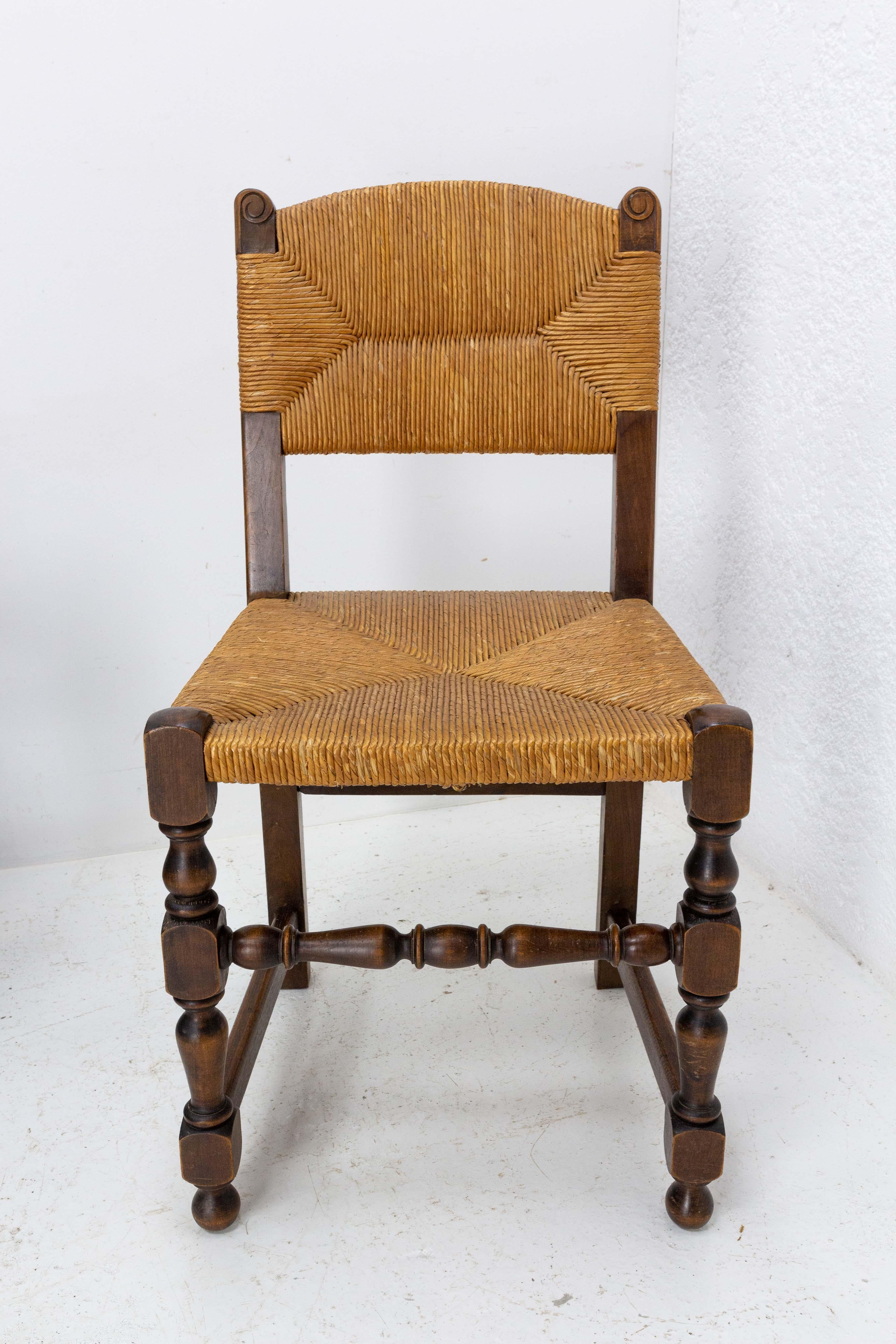 20th Century Six French Dining Chairs Beech Chairs Rush Seats Country Style, 1940